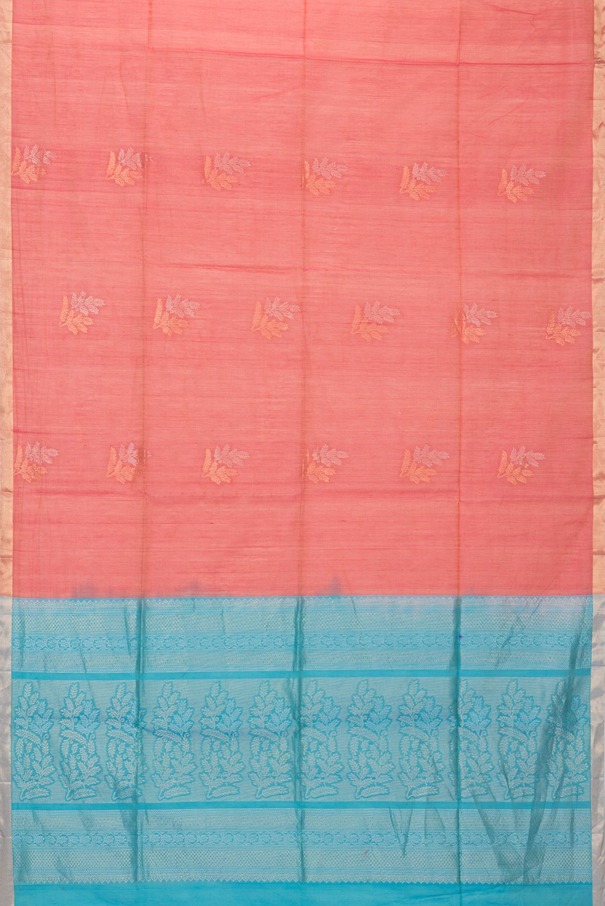 Flat view of Red Silk Cotton Saree with Zari Butta on the body and Zari Border. 