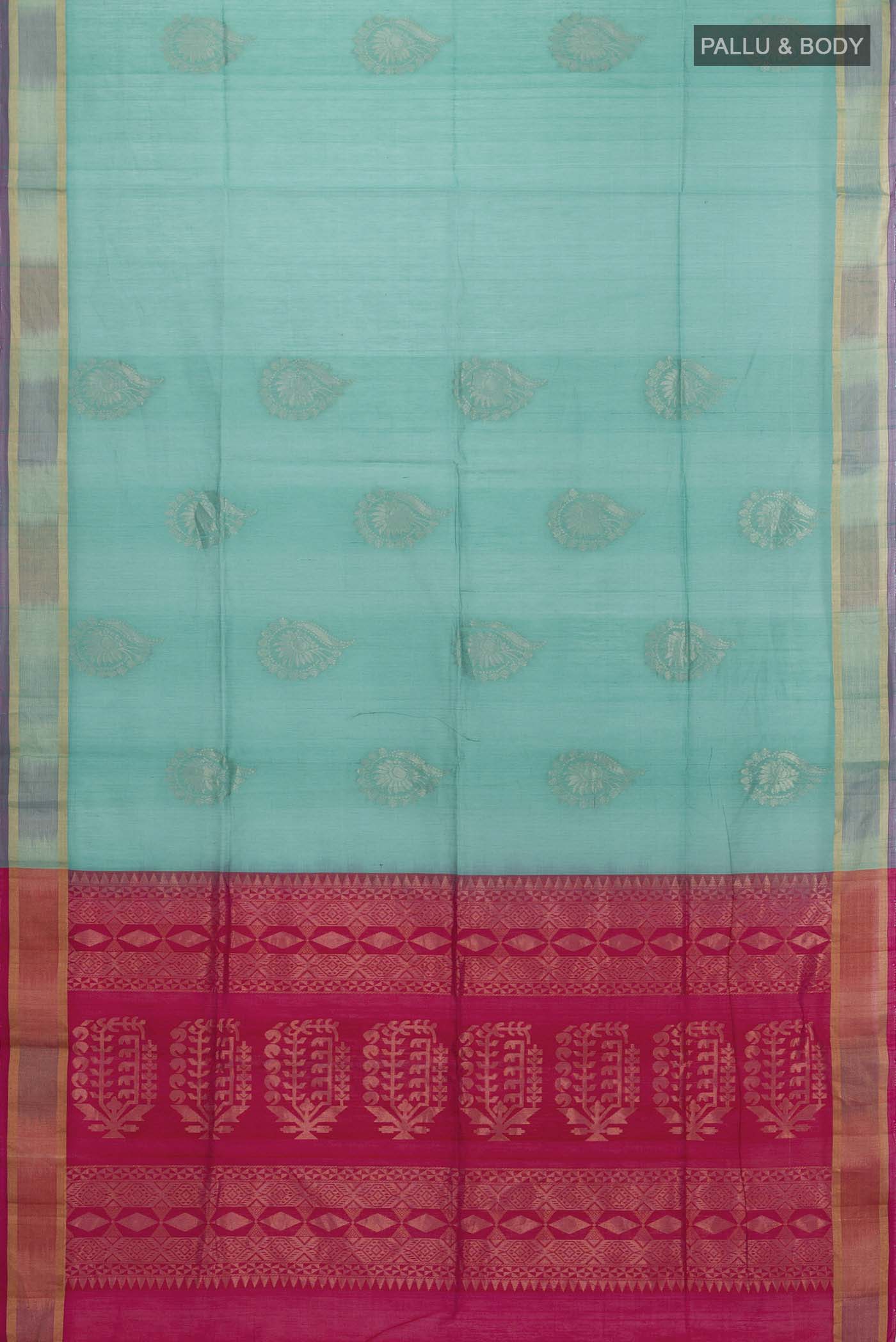 Flat view of Sea Green Silk Cotton Saree with Zari Butta on the body and Zari Border