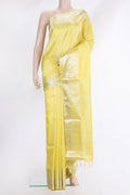Pure Silk Lemon Yellow Dual Tone Soft Saree with Stripes on the body and Zari Border.  displayed on a mannequin