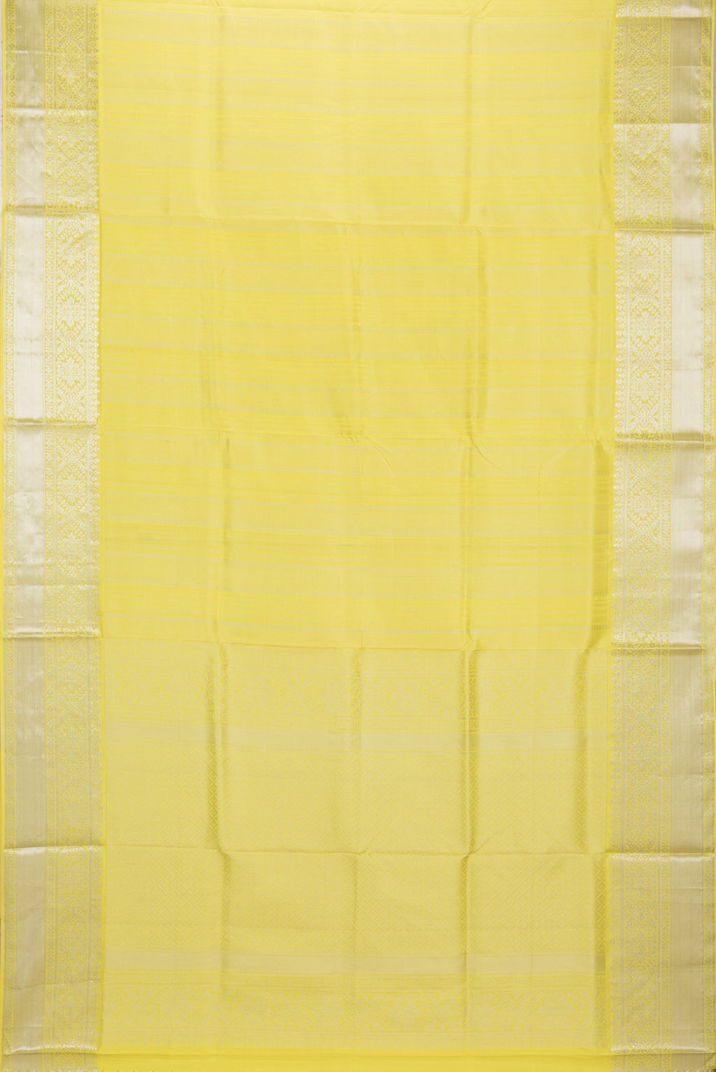 Flat view of Pure Silk Lemon Yellow Dual Tone Soft Saree with Stripes on the body and Zari Border. 