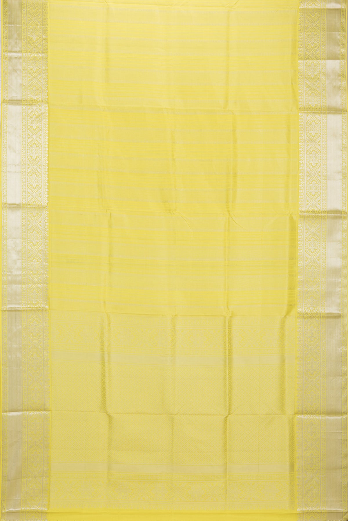 Flat view of Pure Silk Lemon Yellow Dual Tone Soft Saree with Stripes on the body and Zari Border. 
