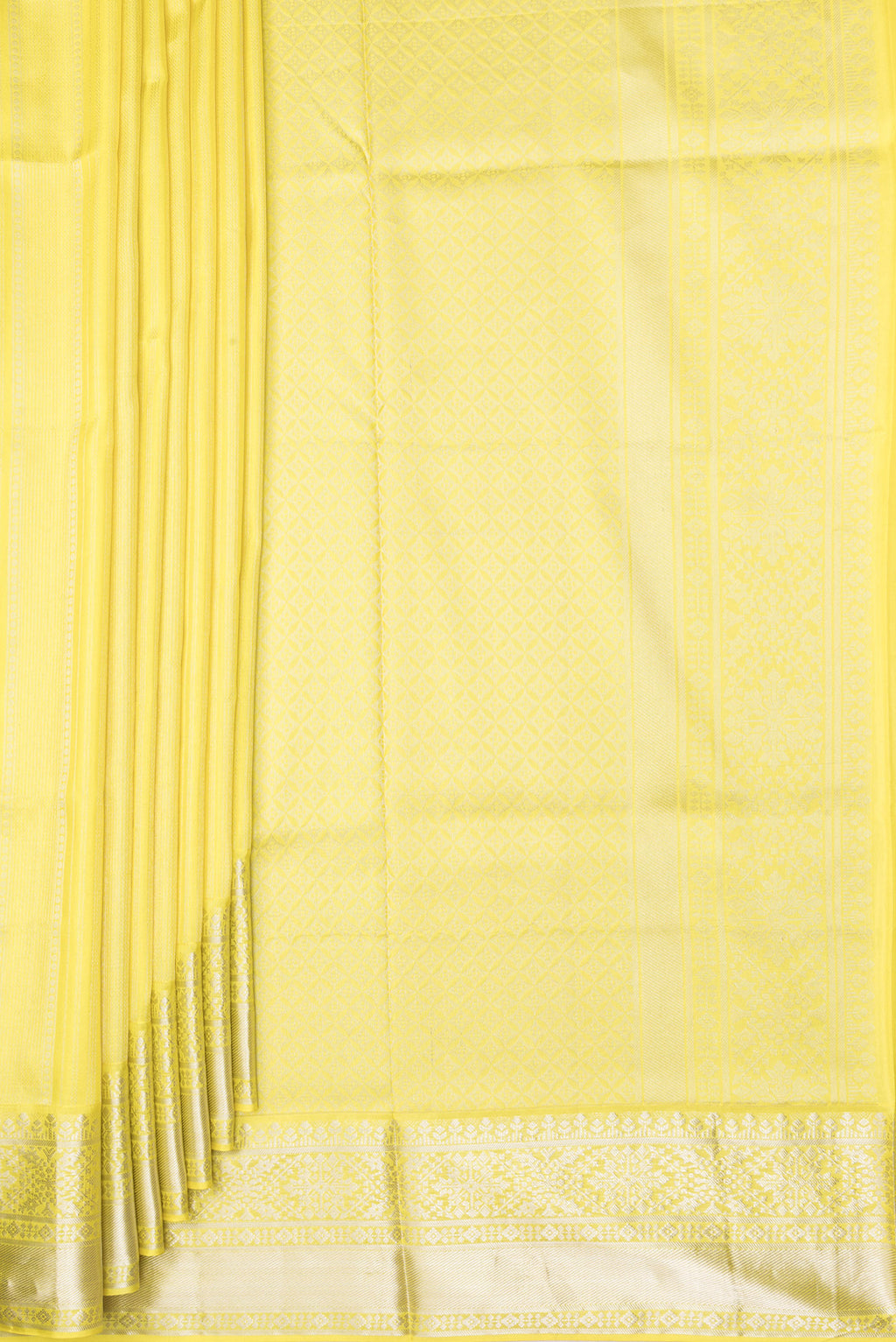 Pleats and pallu of Pure Silk Lemon Yellow Dual Tone Soft Saree with Stripes on the body and Zari Border. 