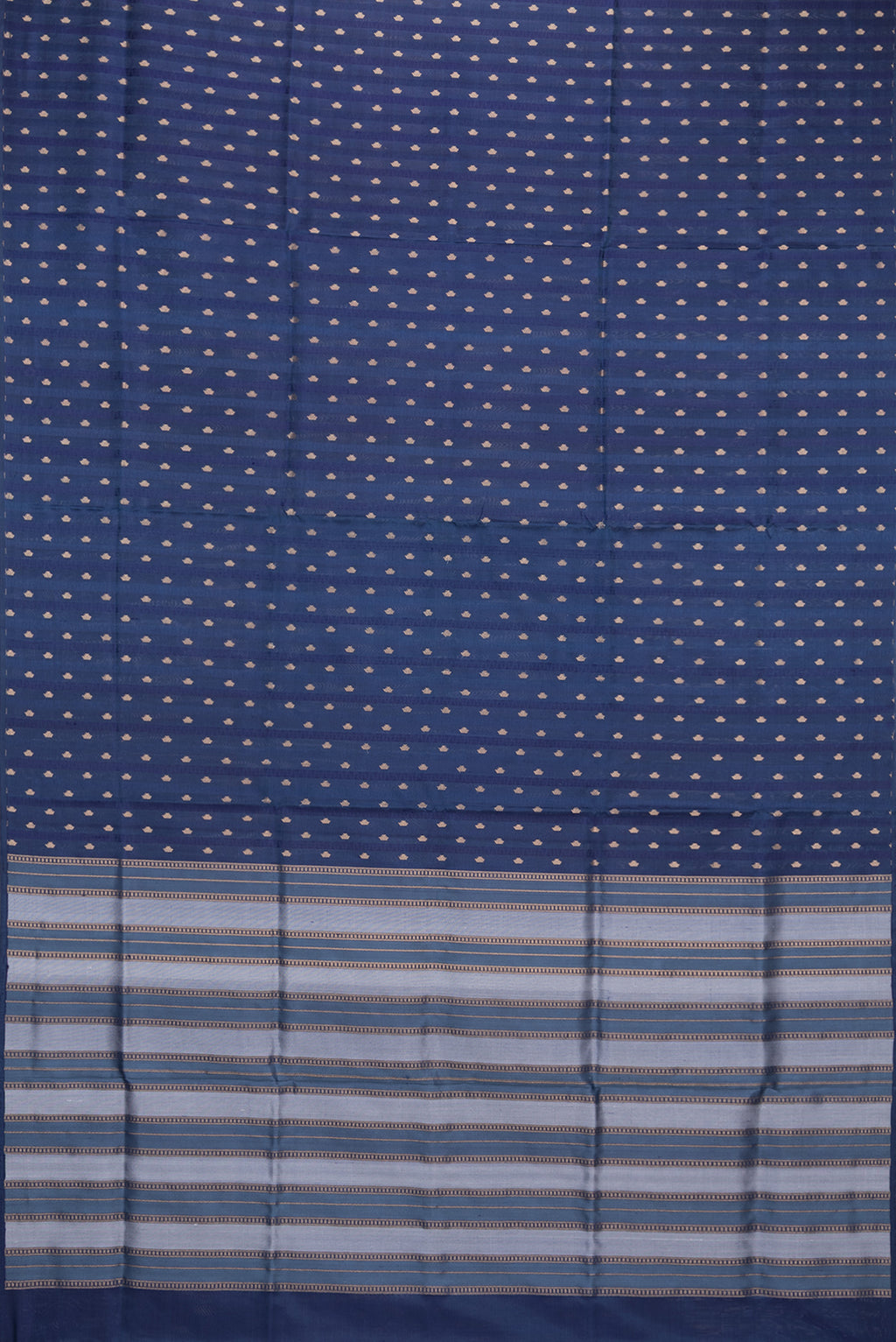 Flat view of Pure Silk Navy Blue Soft Saree with Jacquard With Zari Butta on the body and Without Border. 
