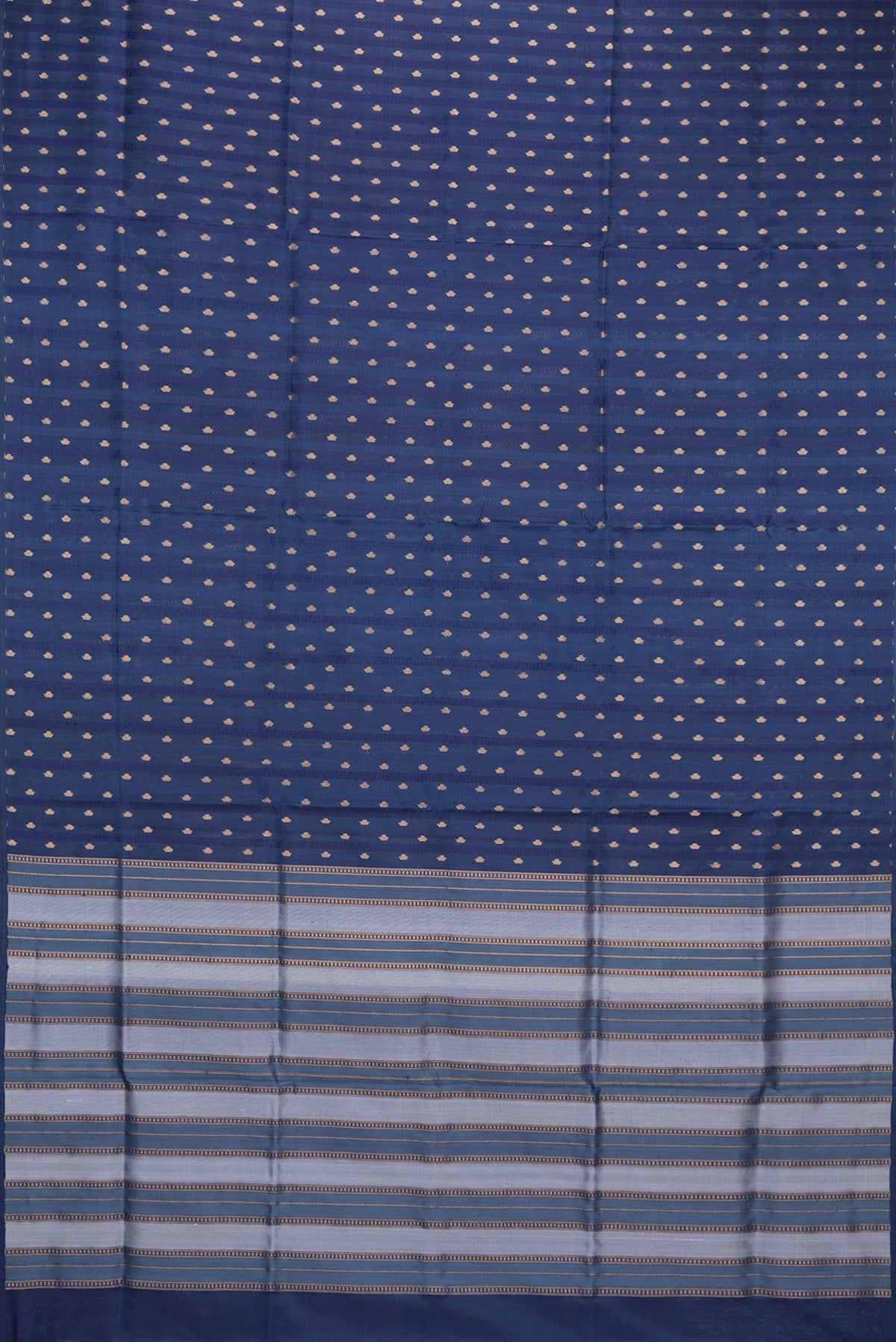 Flat view of Pure Silk Navy Blue Soft Saree with Jacquard With Zari Butta on the body and Without Border. 