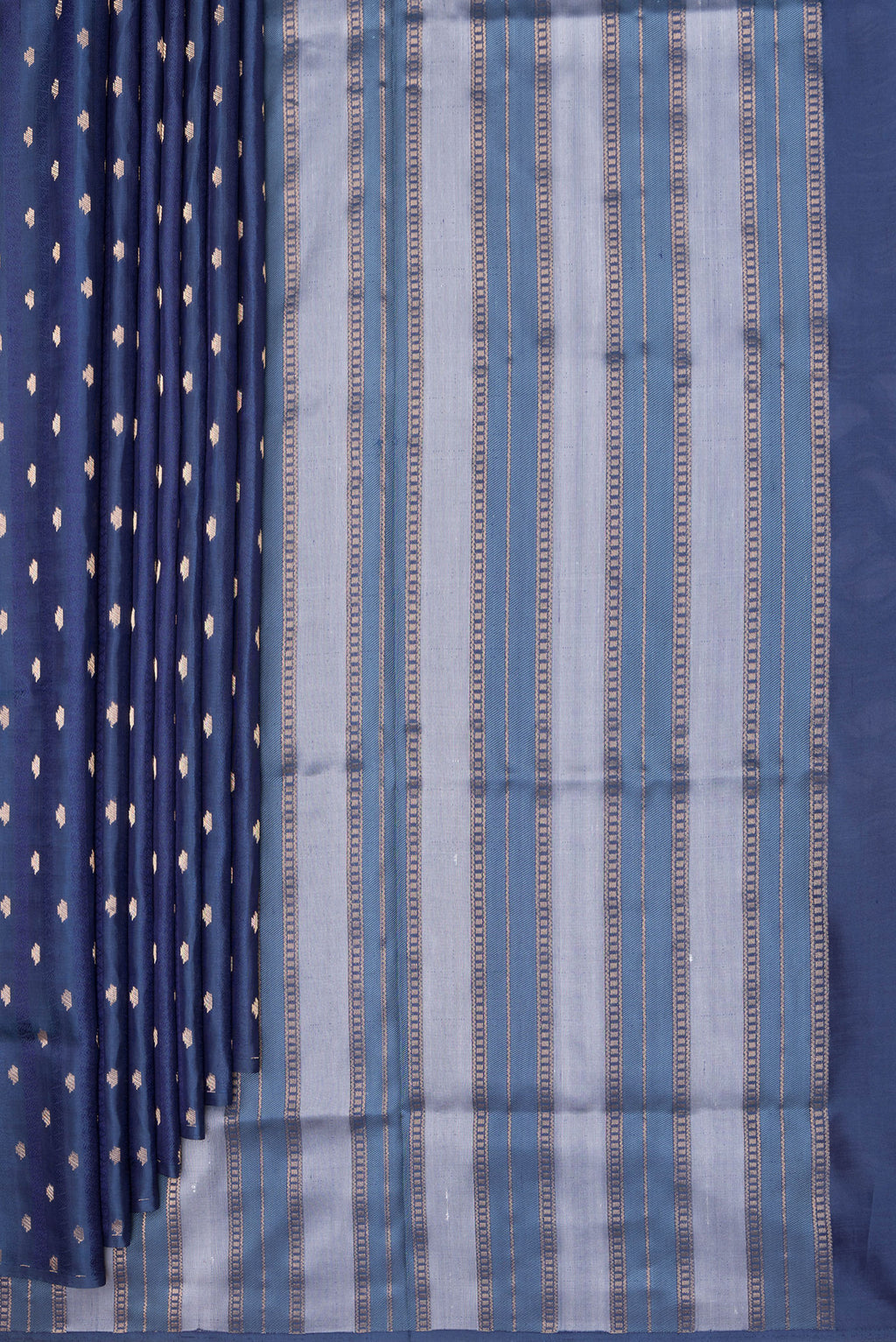 Pleats and pallu of Pure Silk Navy Blue Soft Saree with Jacquard With Zari Butta on the body and Without Border. 