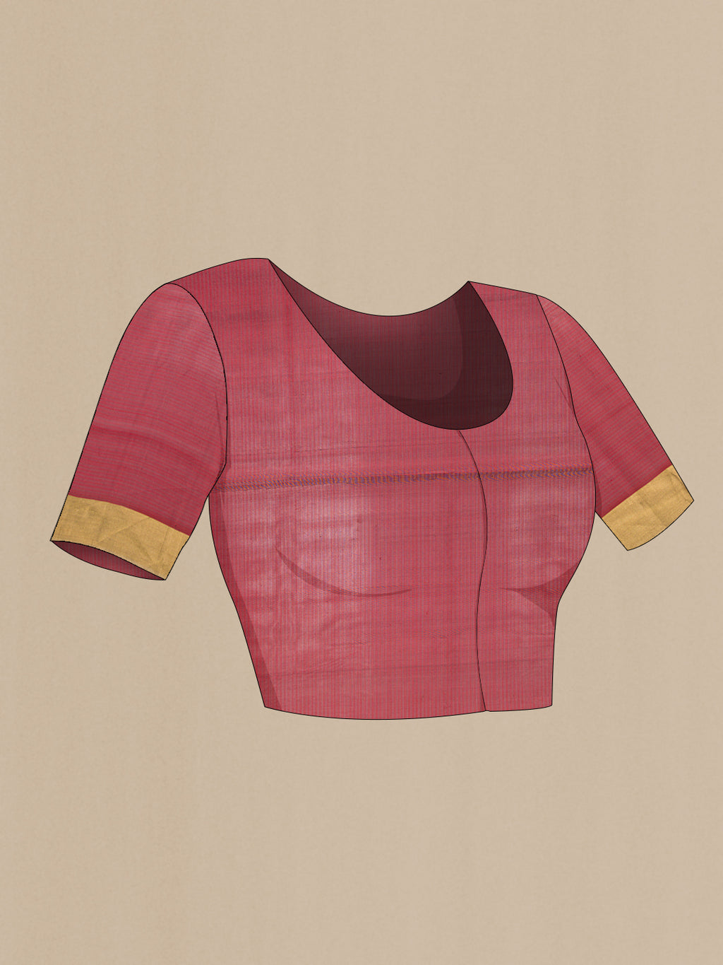 Close up image of the blouse of Pure Silk Maroon Soft Saree with Zari Butta on the body and Zari Border. 