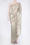 Pista Green Dual Tone Organza Silk Saree with Stripes on the body and Fancy Border.  displayed on a mannequin