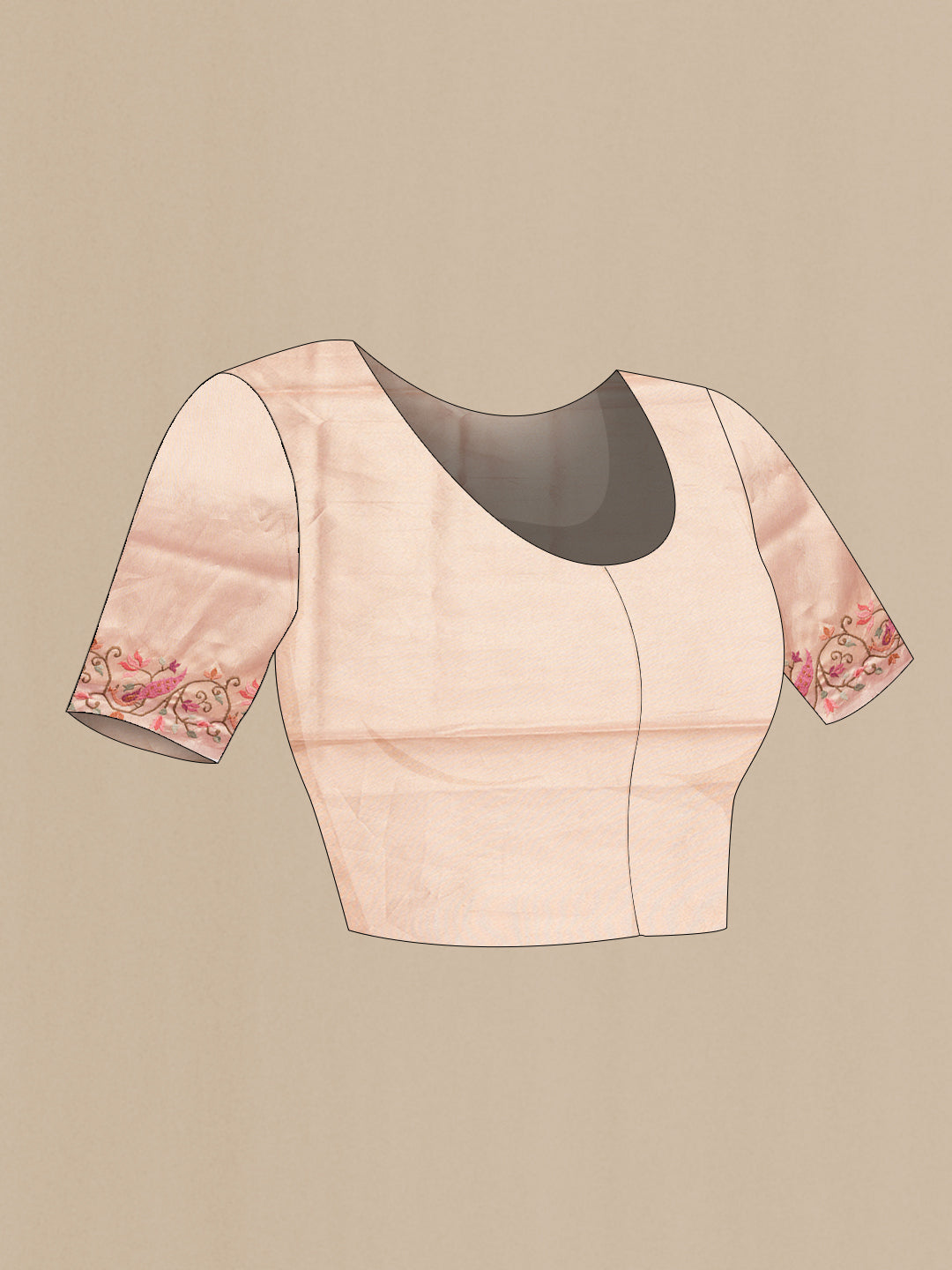 Close up image of the blouse of Rose Gold Dual Tone Organza Silk Saree with Stripes on the body and Fancy Border. 