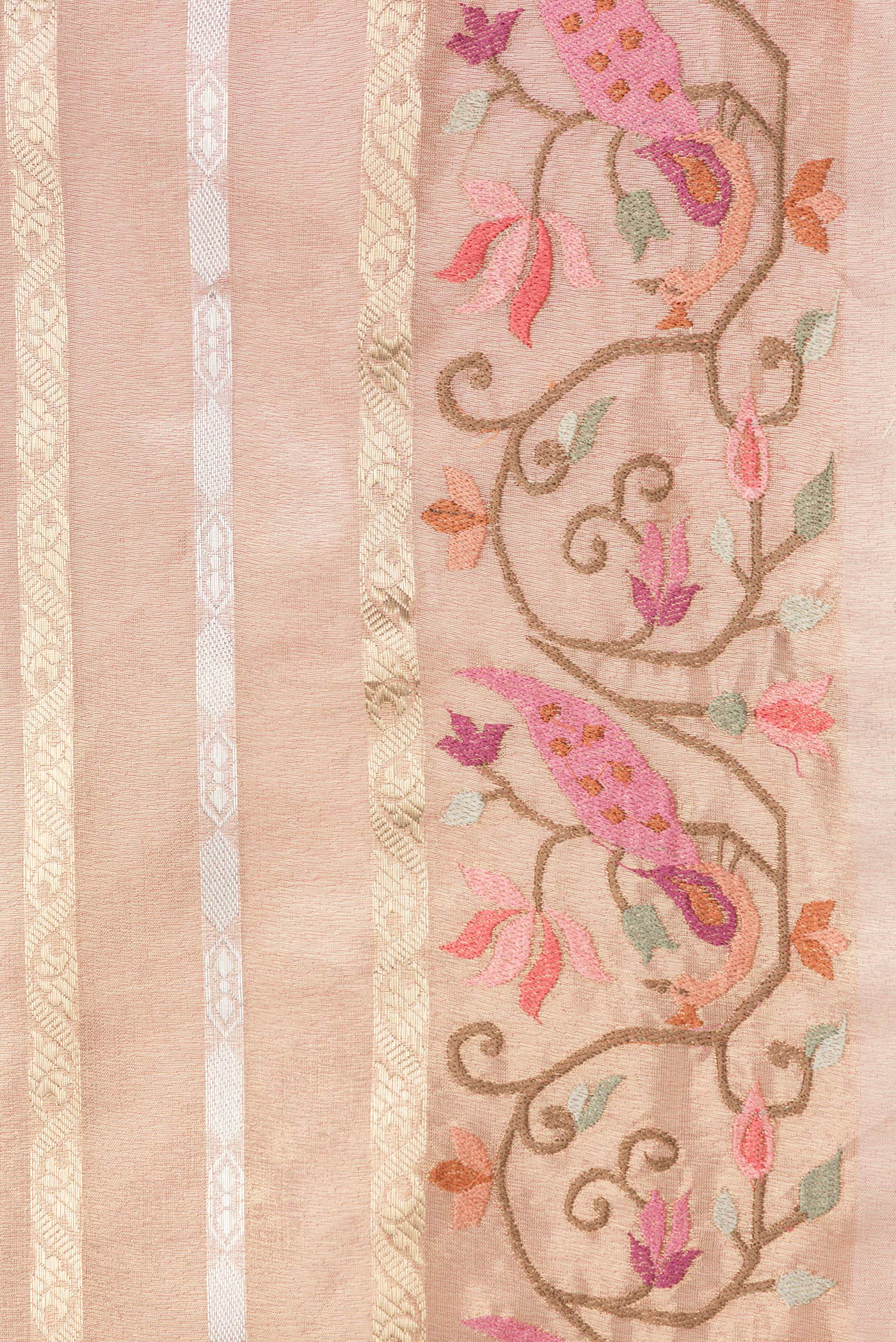 Border image of Rose Gold Dual Tone Organza Silk Saree with Stripes on the body and Fancy Border. 