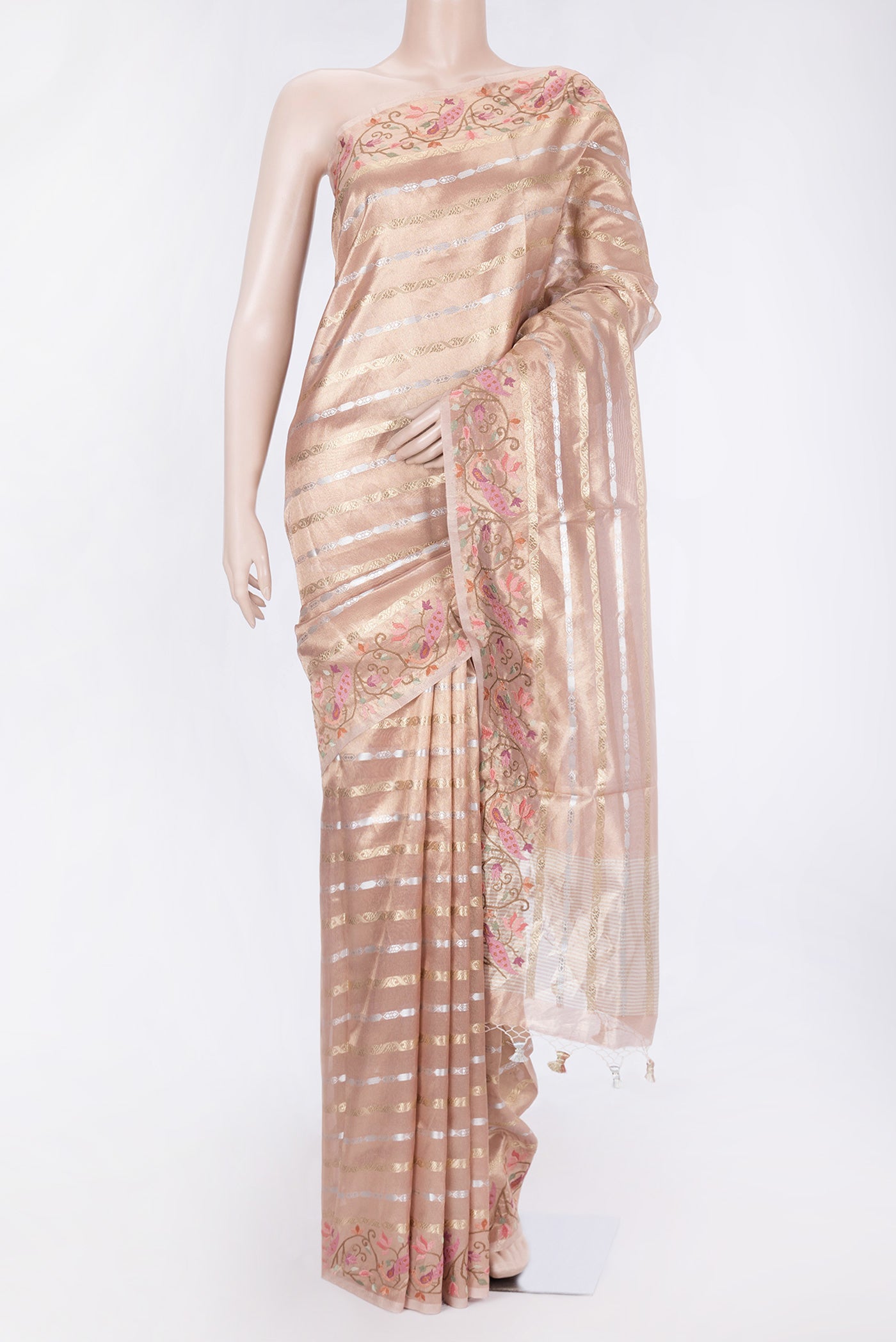 Rose Gold Dual Tone Organza Silk Saree with Stripes on the body and Fancy Border.  displayed on a mannequin