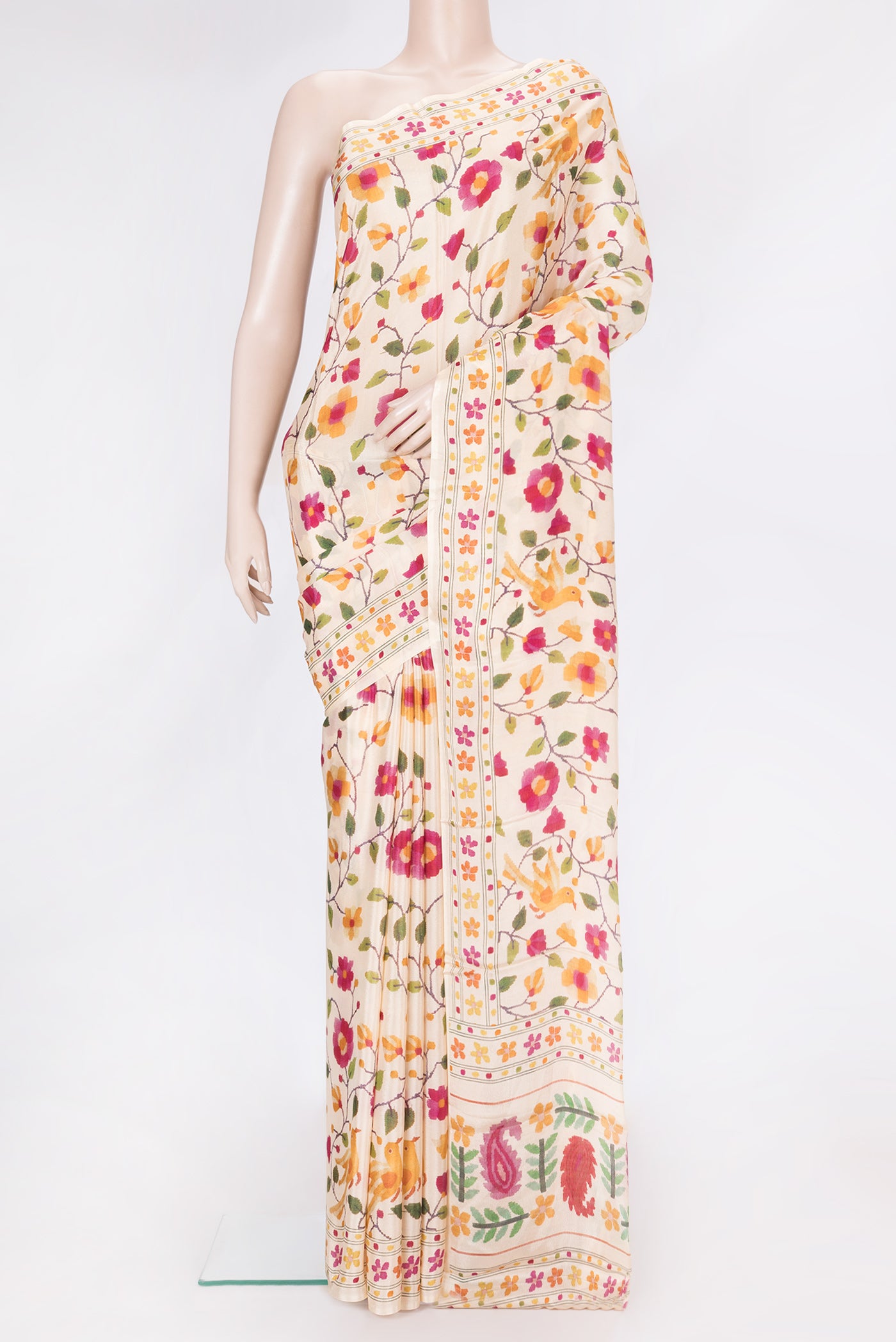 Sandal Dual Tone Blended Crepe Saree with Printed design on the body and Printed Border.  displayed on a mannequin