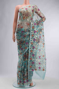 Turquoise Organza Silk Saree with Printed design on the body and Plain Border displayed on a mannequin