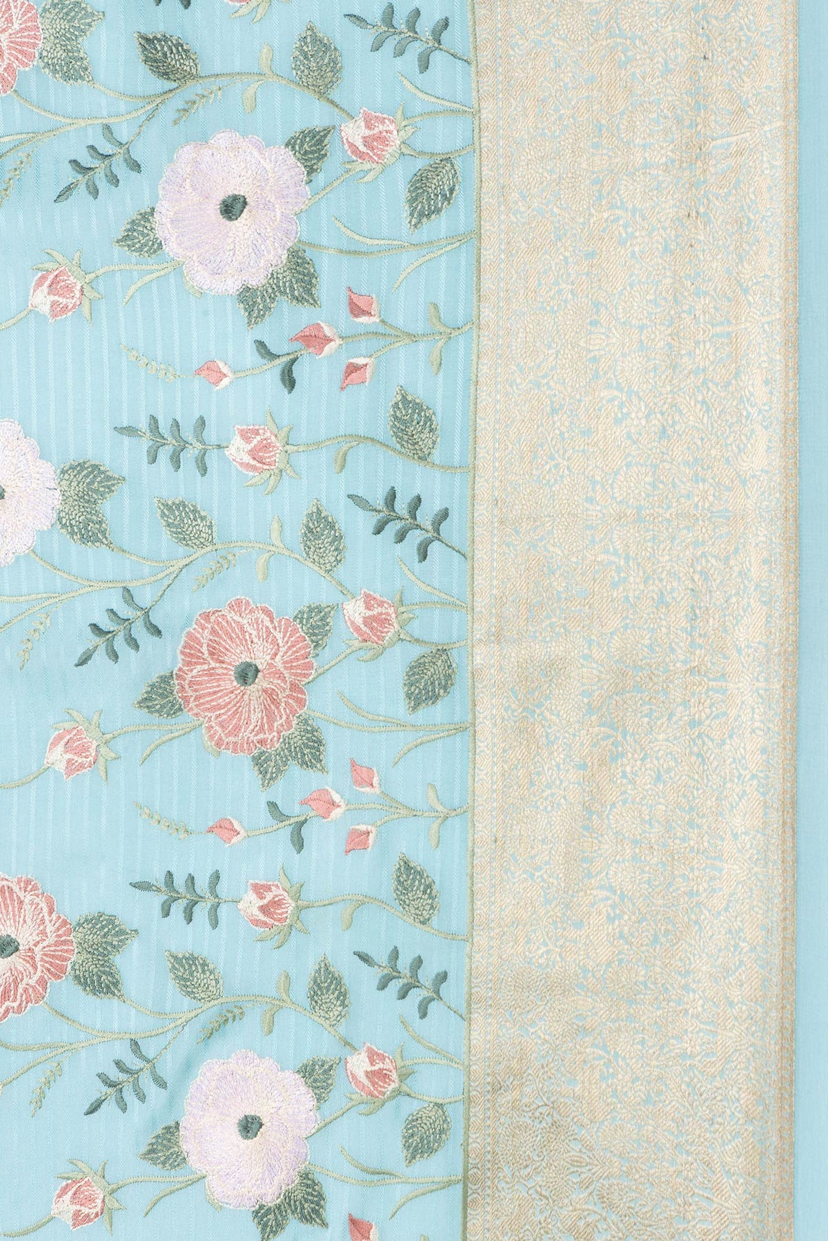 Border image of Sky Blue Dual Tone Mysore Silk Saree with Stripes on the body and Embroidery Border. 