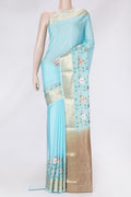 Sky Blue Dual Tone Mysore Silk Saree with Stripes on the body and Embroidery Border.  displayed on a mannequin