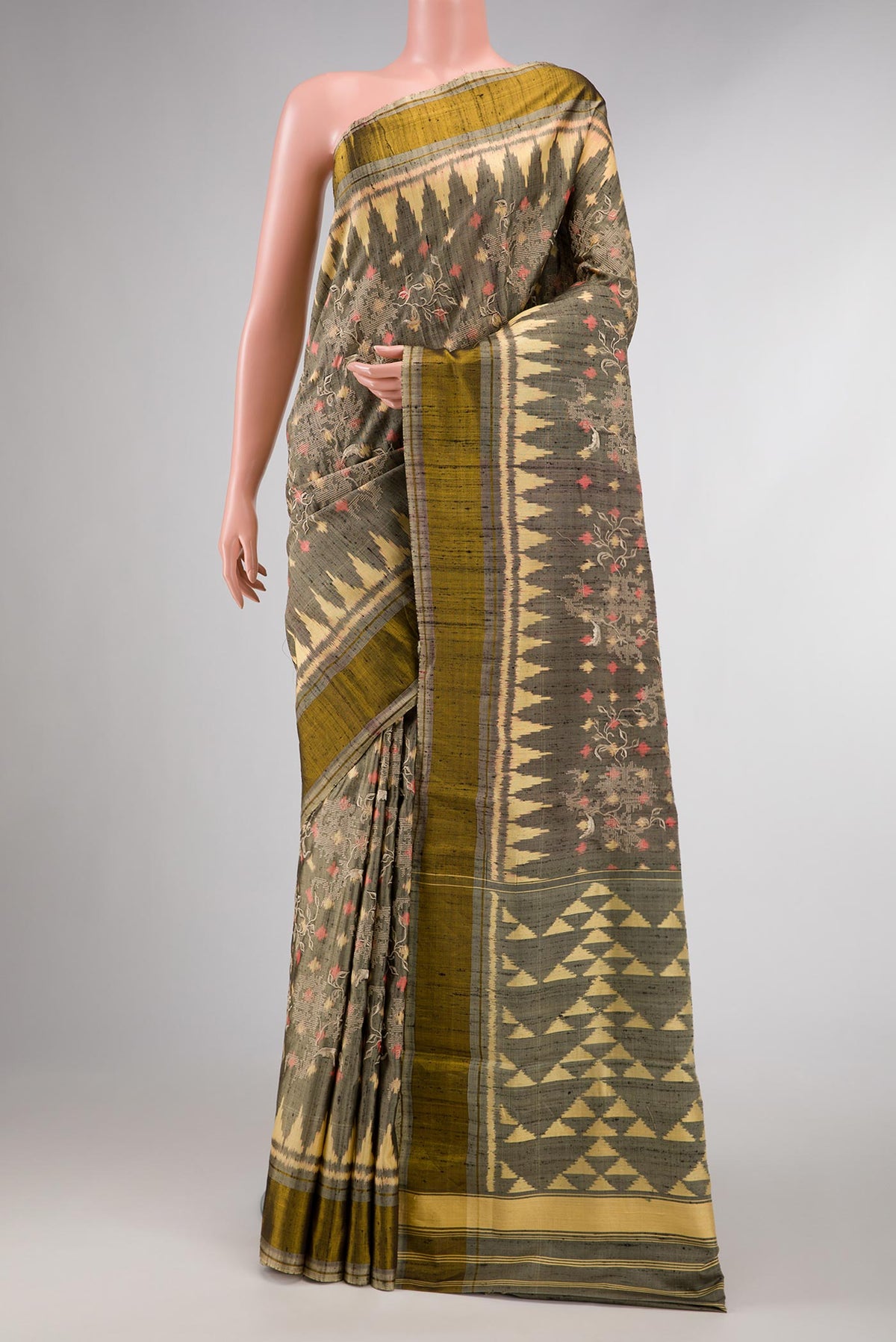 Grey Dual Tone Rajkot Patola Silk Saree with Ikat Print on the body and Zari Border displayed on a mannequin