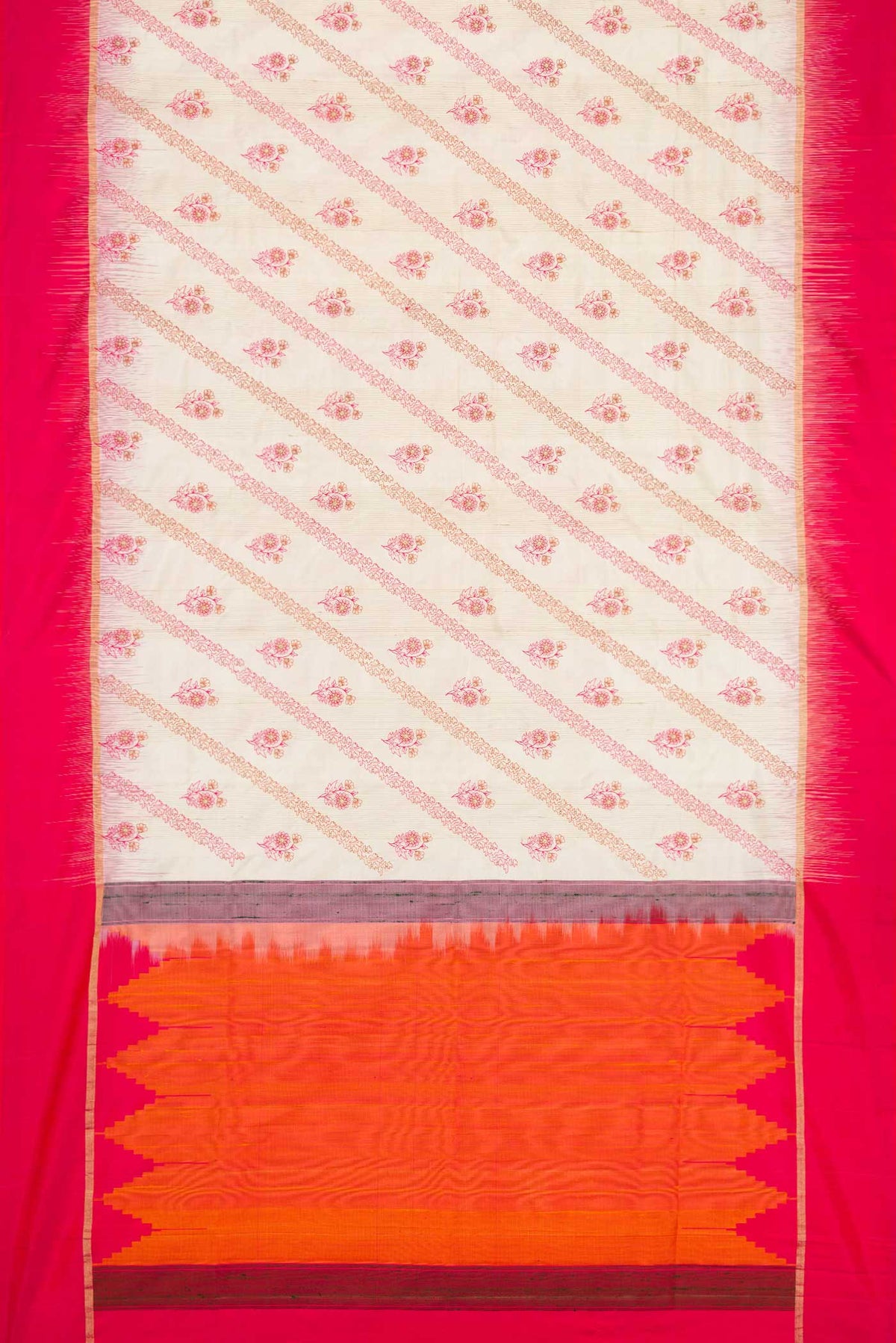 Flat view of Off White Soft Silk Saree with Embroidery on the body and Plain Border