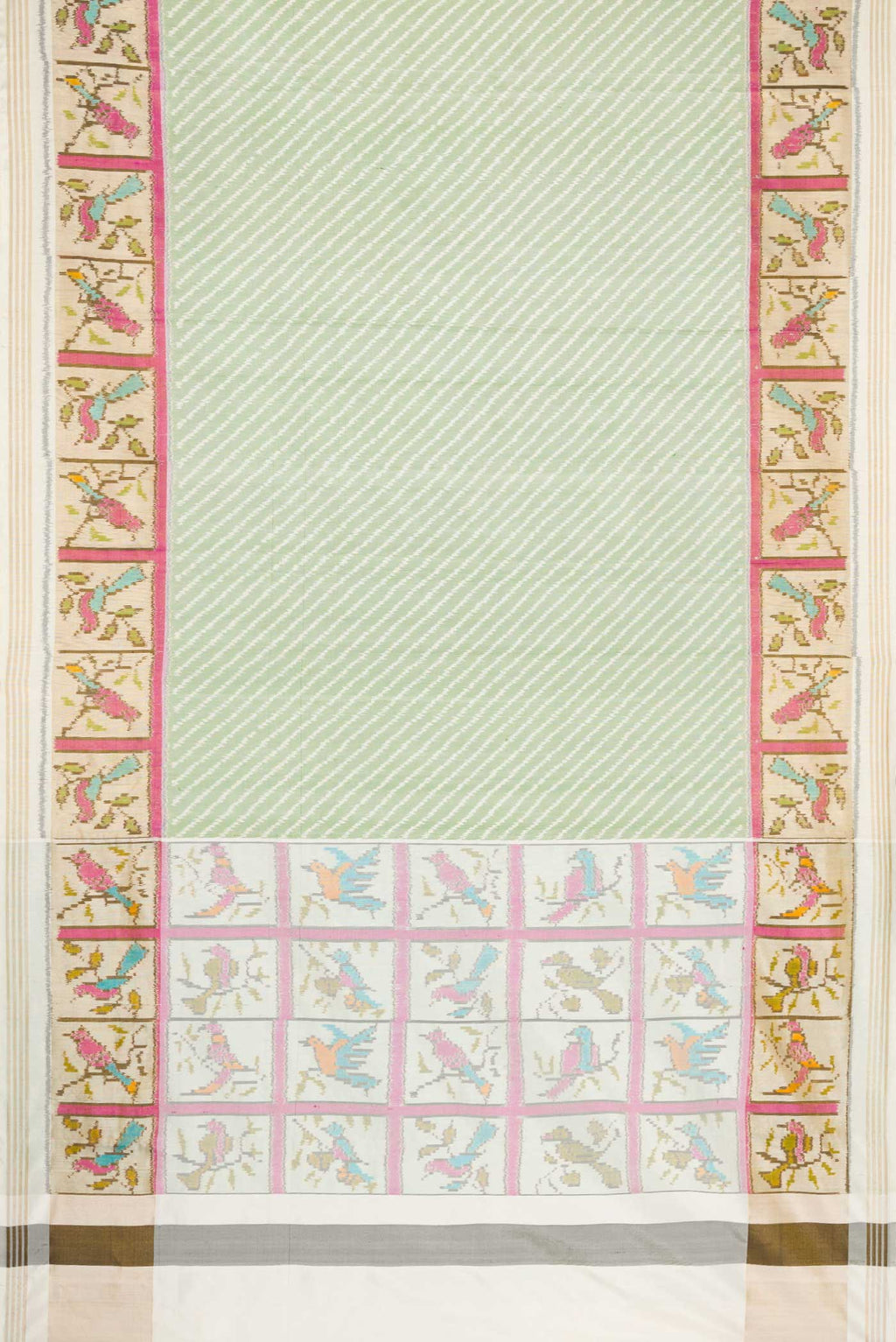 Flat view of Green Dual Tone Double Ikat Saree with Ikat Print on the body and Ikat Border