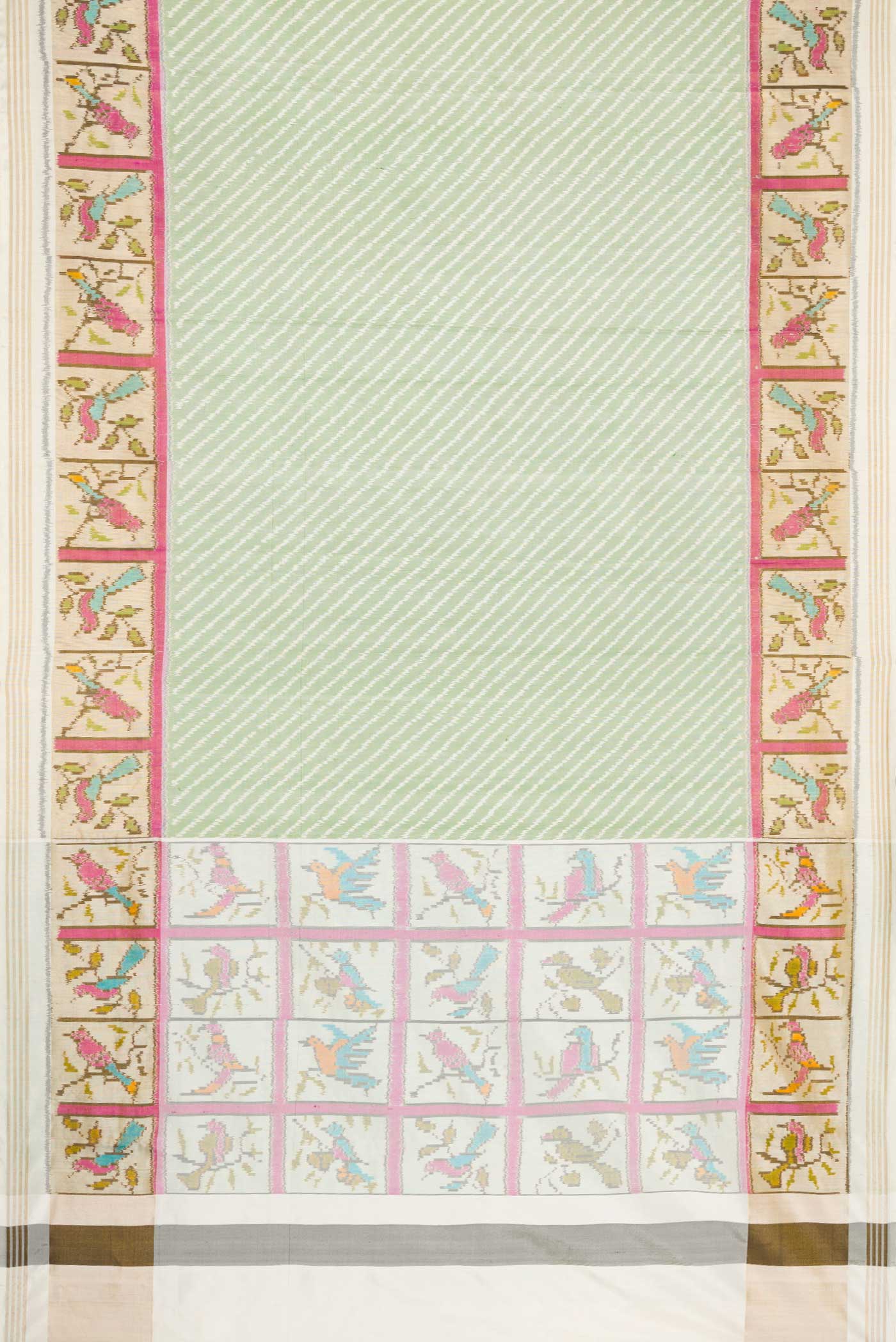 Flat view of Green Dual Tone Double Ikat Saree with Ikat Print on the body and Ikat Border