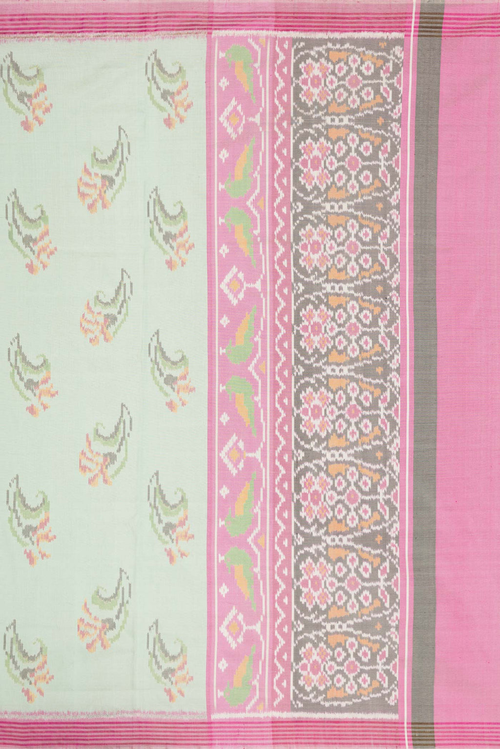 Close up image of the pallu of Light Green Dual Tone Double Ikat Saree with Ikat Print on the body and Zari And Thread Border