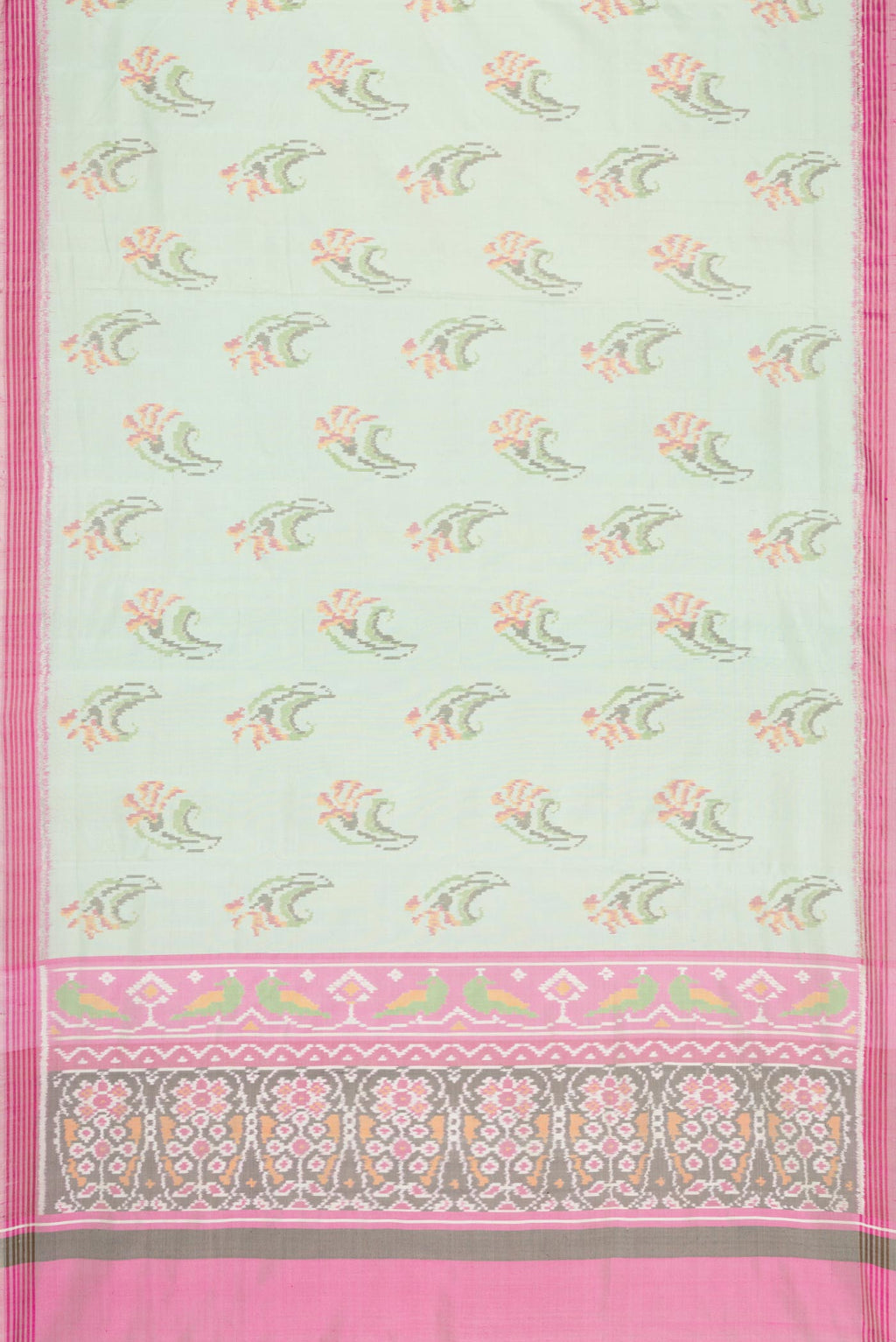 Flat view of Light Green Dual Tone Double Ikat Saree with Ikat Print on the body and Zari And Thread Border