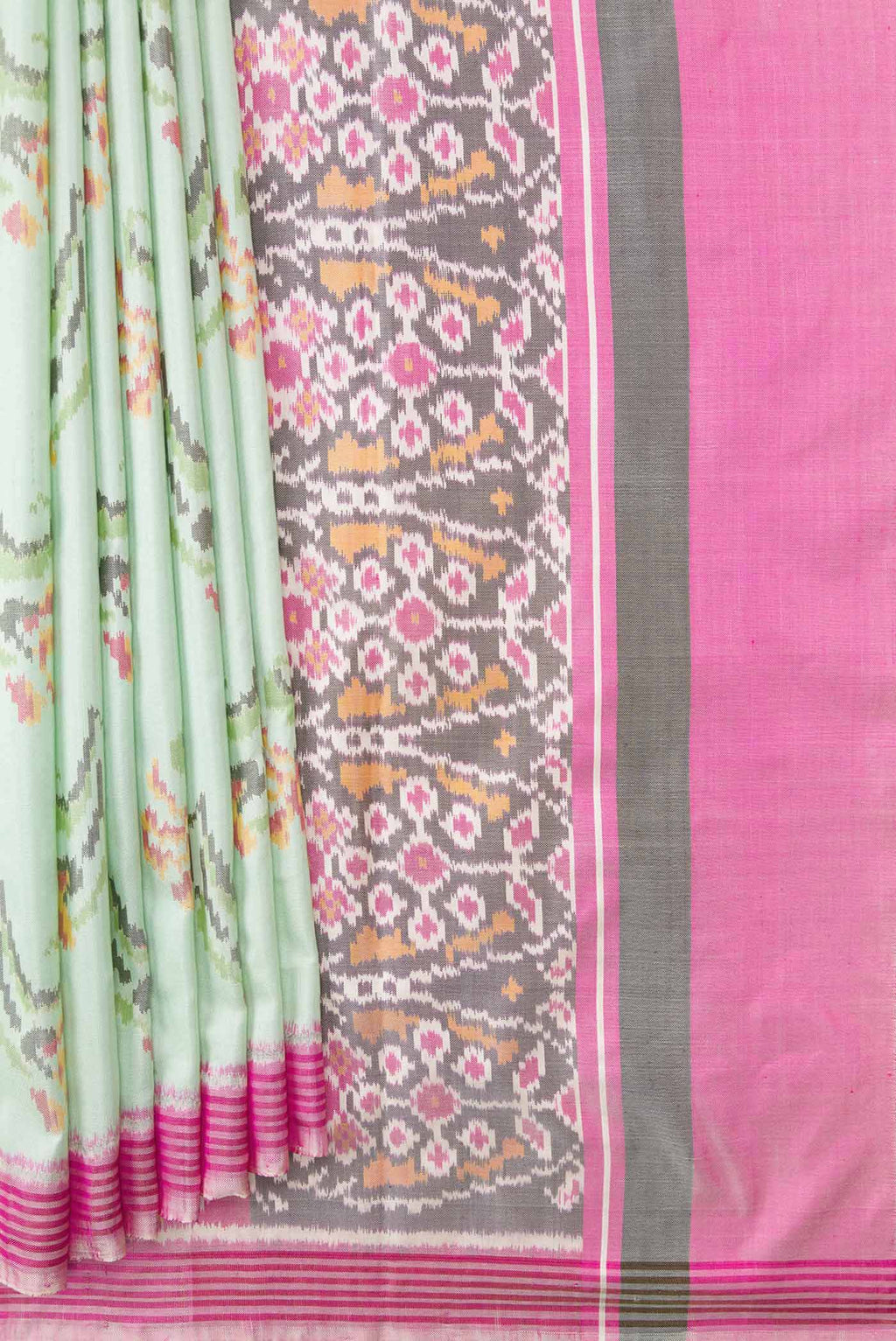 Pleats and pallu of Light Green Dual Tone Double Ikat Saree with Ikat Print on the body and Zari And Thread Border