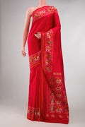 Red Dual Tone Double Ikat Saree with Plain Body and Ikat Border displayed on a mannequin