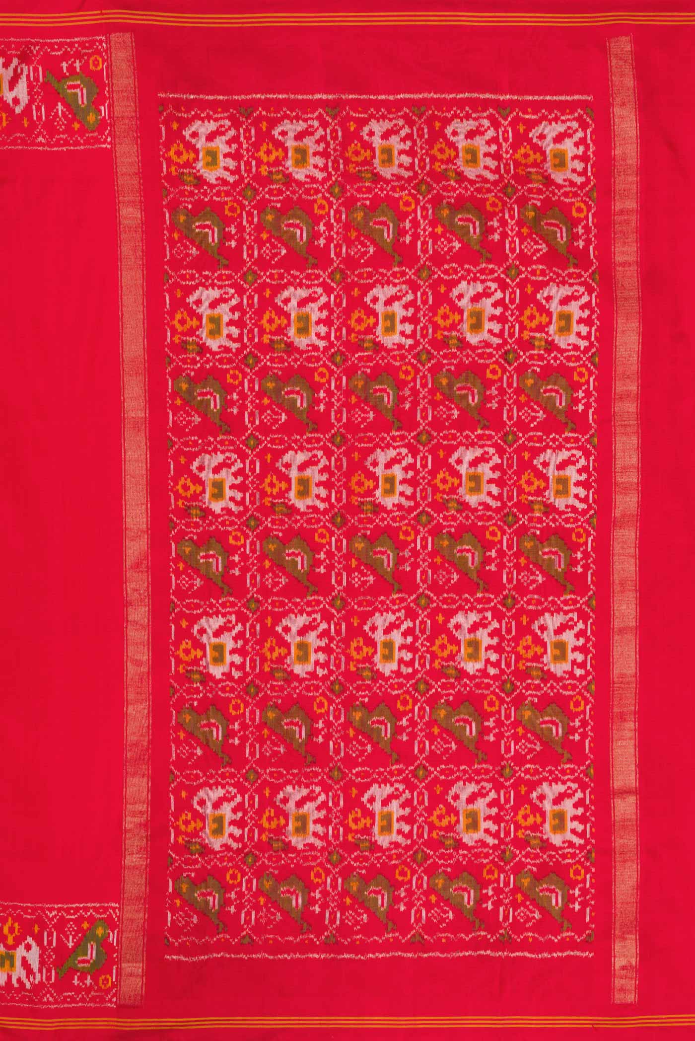 Close up image of the pallu of Red Dual Tone Double Ikat Saree with Plain Body and Ikat Border