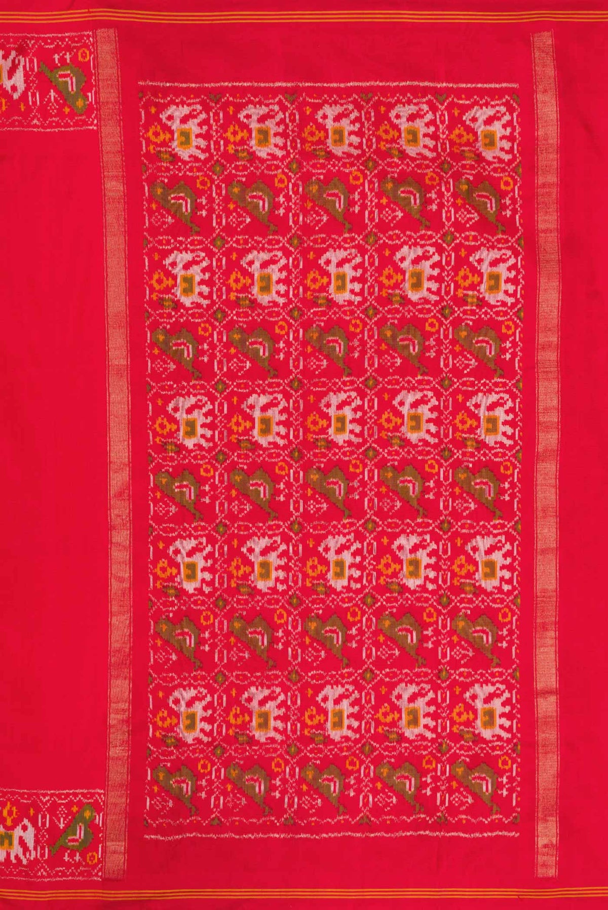 Close up image of the pallu of Red Dual Tone Double Ikat Saree with Plain Body and Ikat Border