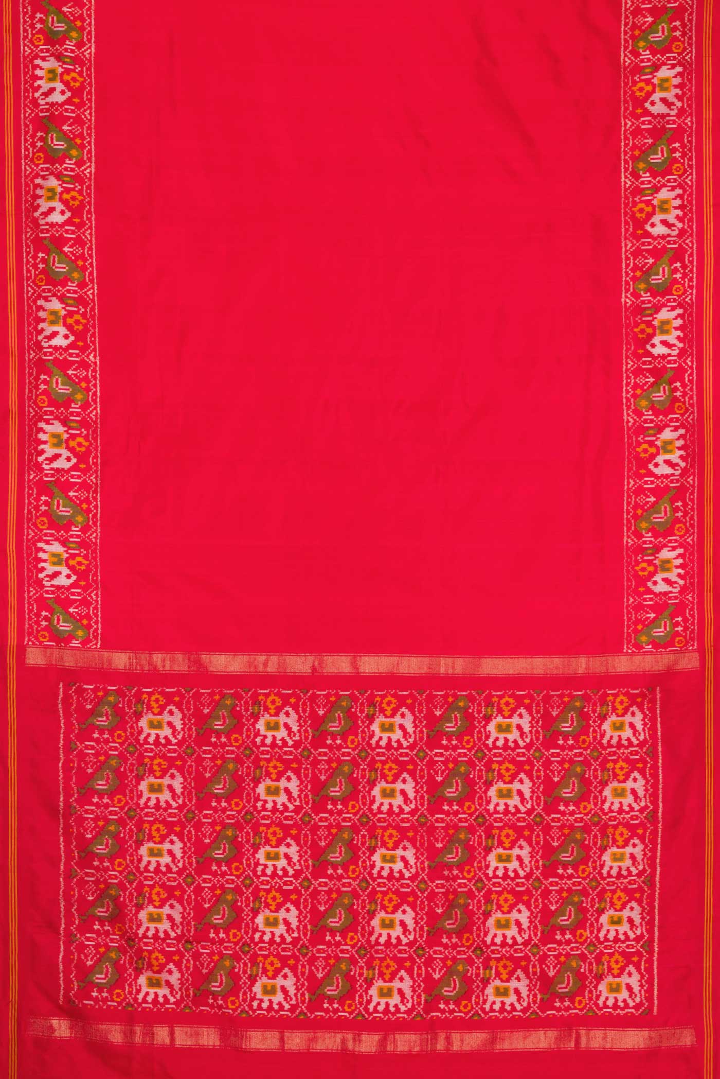 Flat view of Red Dual Tone Double Ikat Saree with Plain Body and Ikat Border