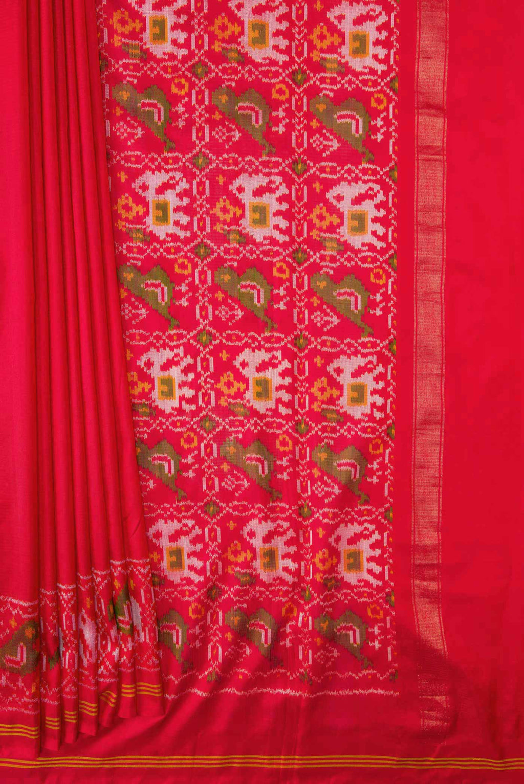 Pleats and pallu of Red Dual Tone Double Ikat Saree with Plain Body and Ikat Border