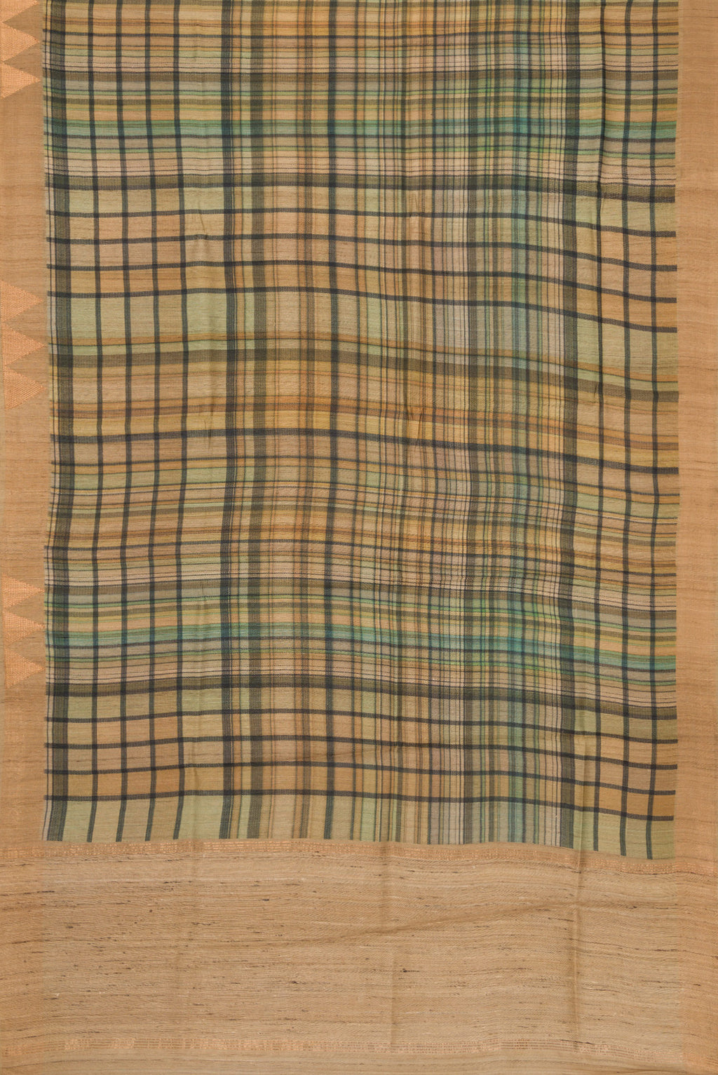 Flat view of Mehandi Green Dual Tone Tussar Saree with Printed design on the body and Zari Border. 