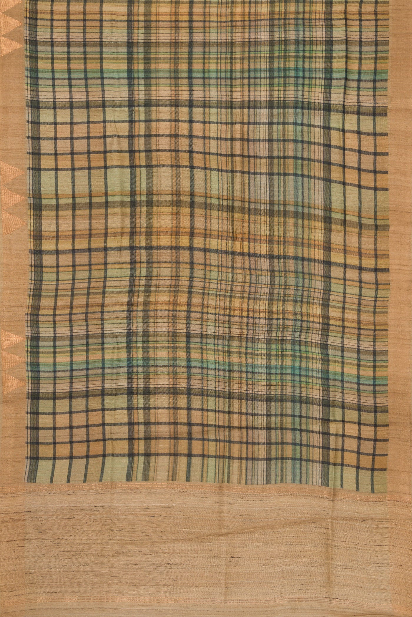 Flat view of Mehandi Green Dual Tone Tussar Saree with Printed design on the body and Zari Border. 