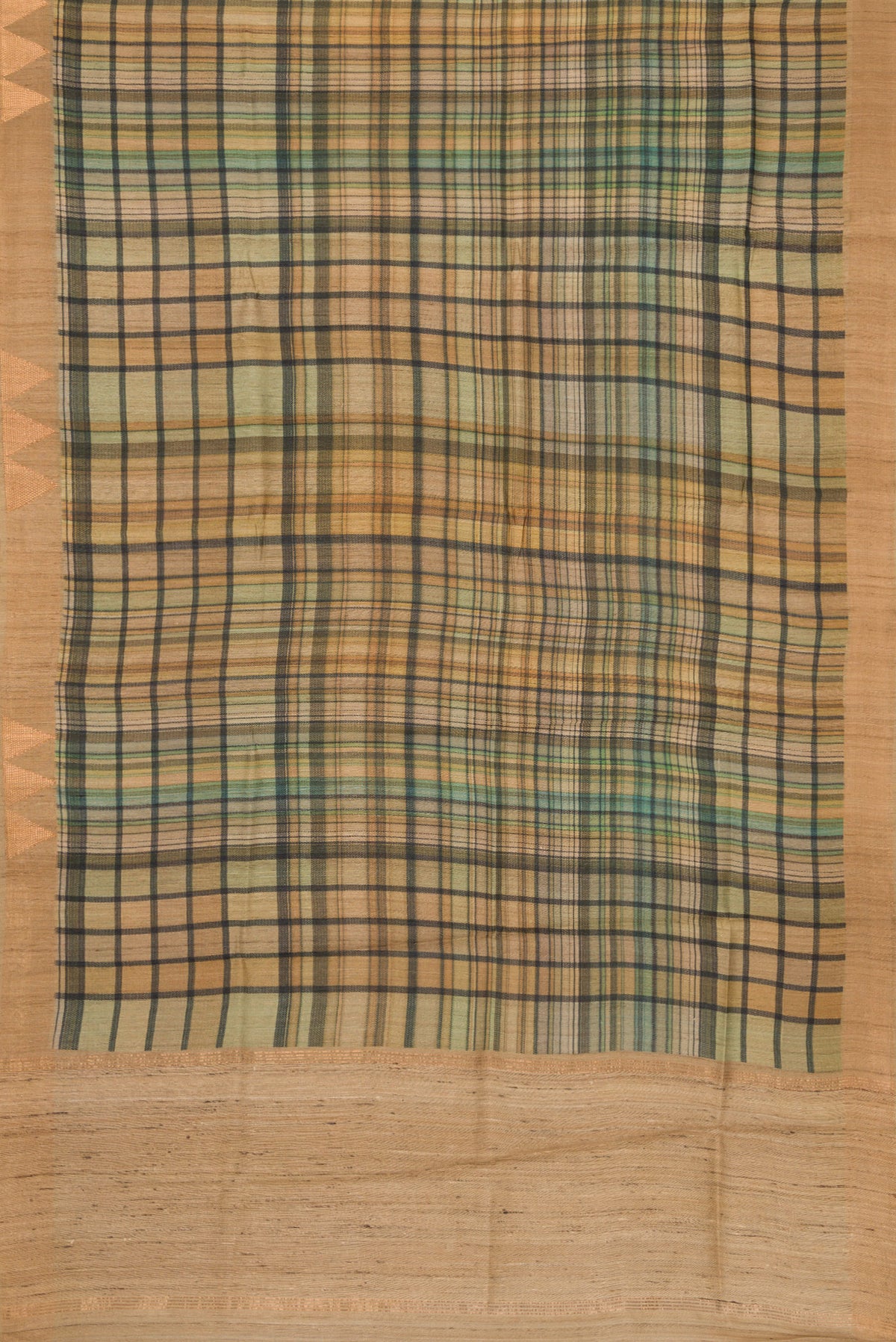 Flat view of Mehandi Green Dual Tone Tussar Saree with Printed design on the body and Zari Border. 