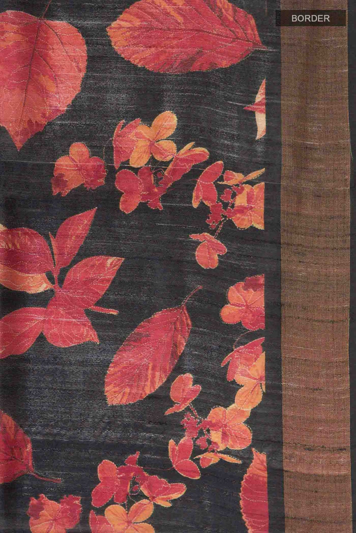 Border image of Black Tussar Silk SareePrinted design on the body and Zari Border