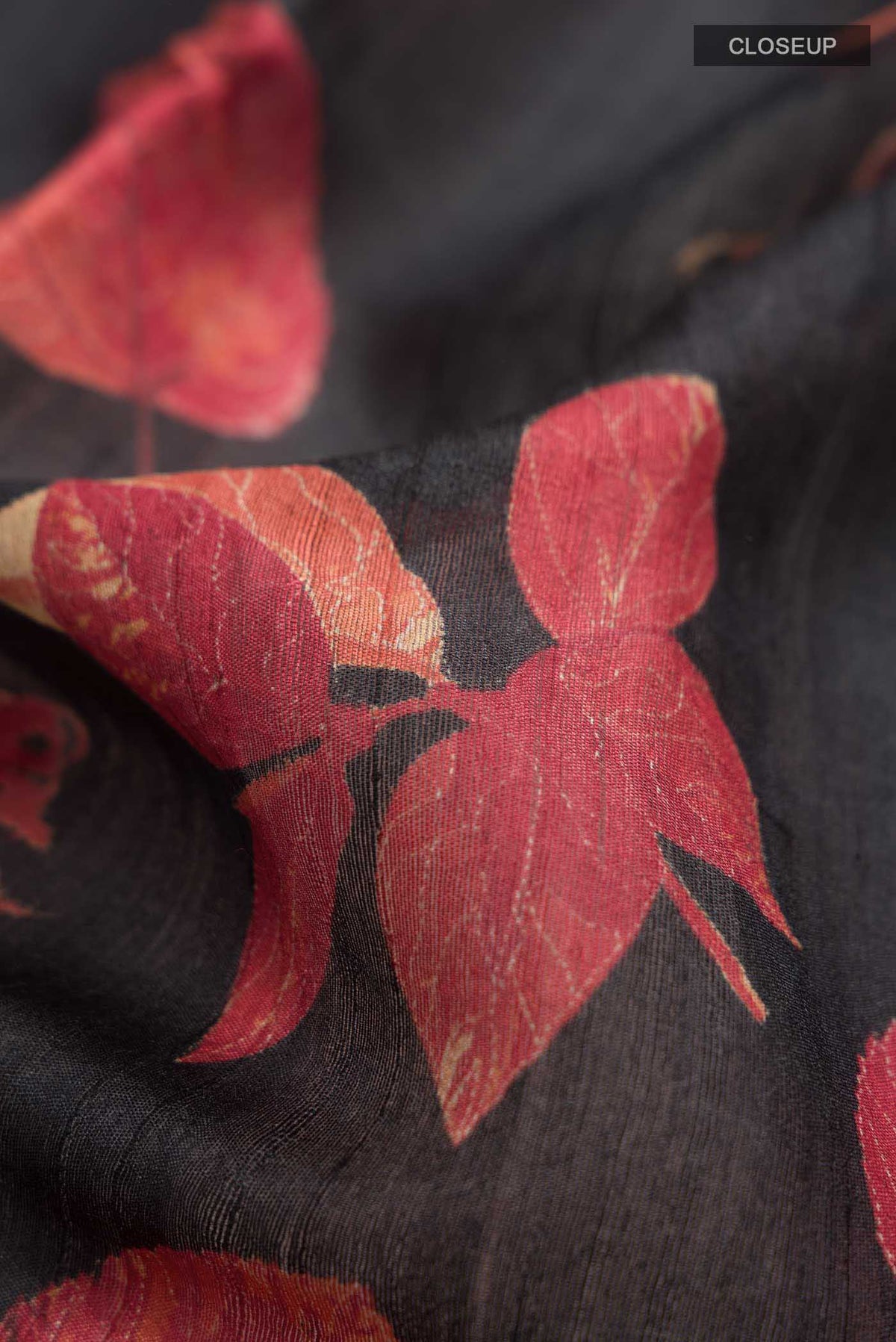 Close up of Black Tussar Silk SareePrinted design on the body and Zari Border displaying folds