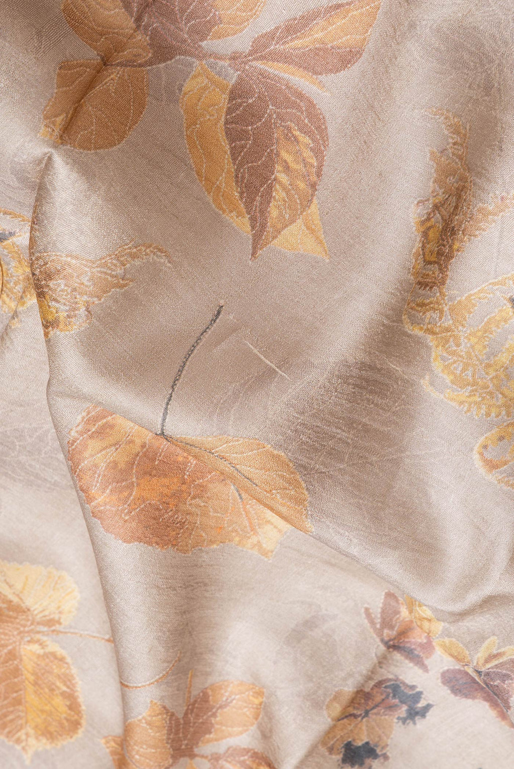 Close up of Beige Dual Tone Tussar Silk Saree with Printed design on the body and Zari Border.  displaying folds