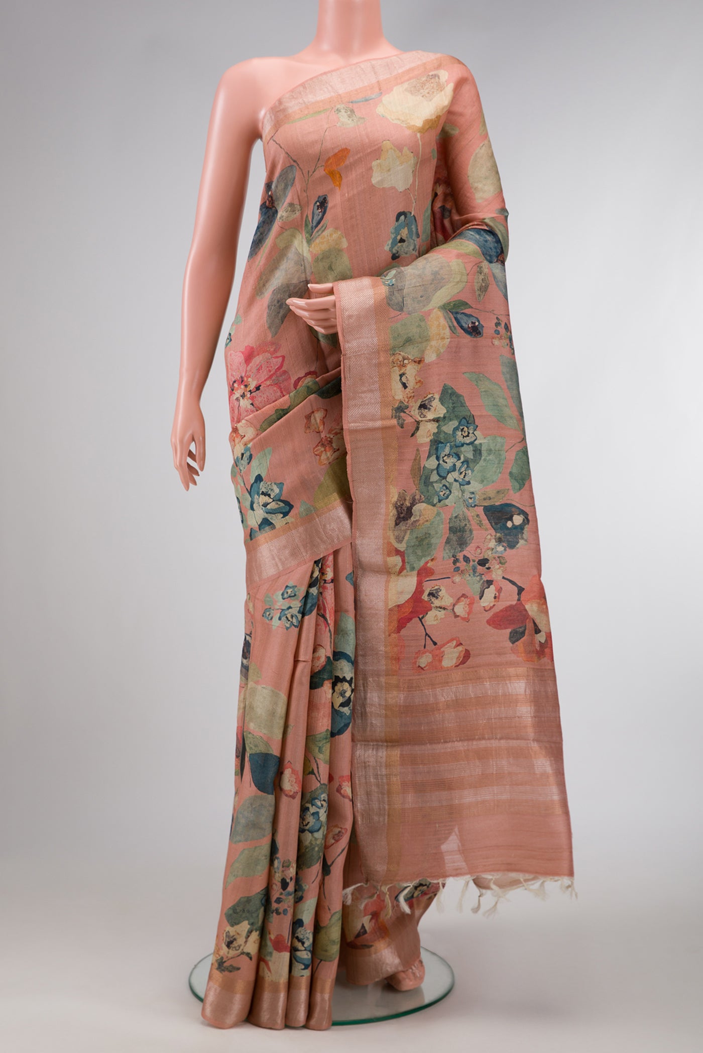 Rose pink Dual Tone Tussar Silk Saree with Printed design on the body and Zari Border.  displayed on a mannequin