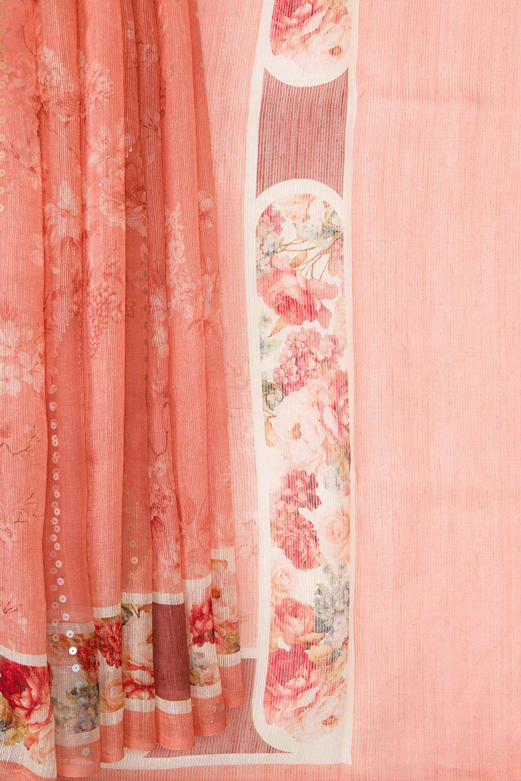 Pleats and pallu of Peach Dual Tone Tussar Silk Saree with Embroidery on the body and Embroidery Border