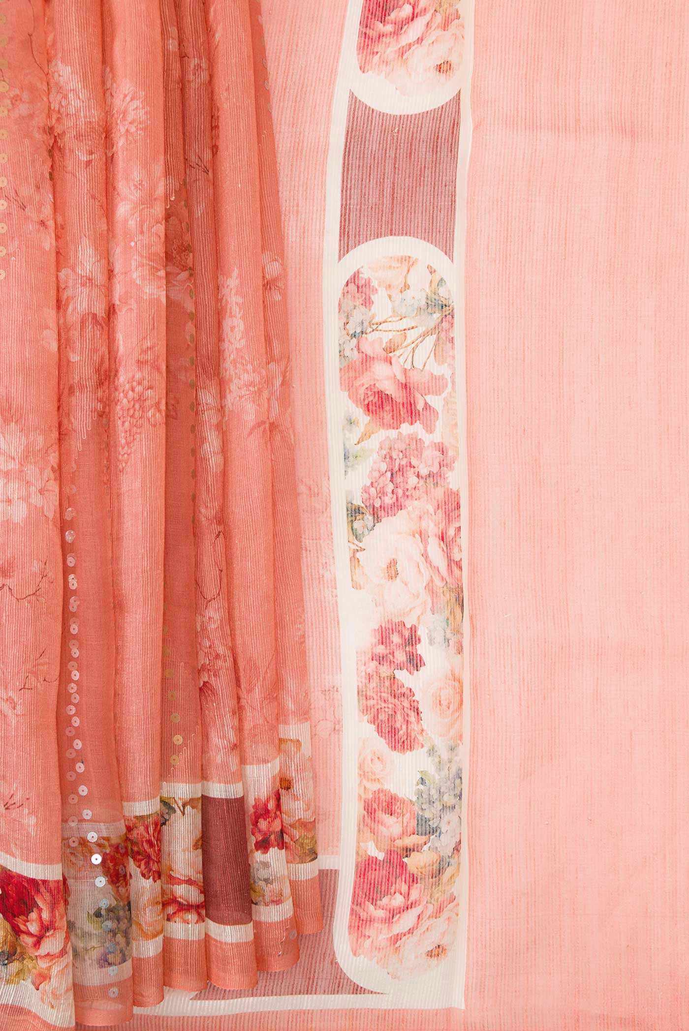 Pleats and pallu of Peach Dual Tone Tussar Silk Saree with Embroidery on the body and Embroidery Border