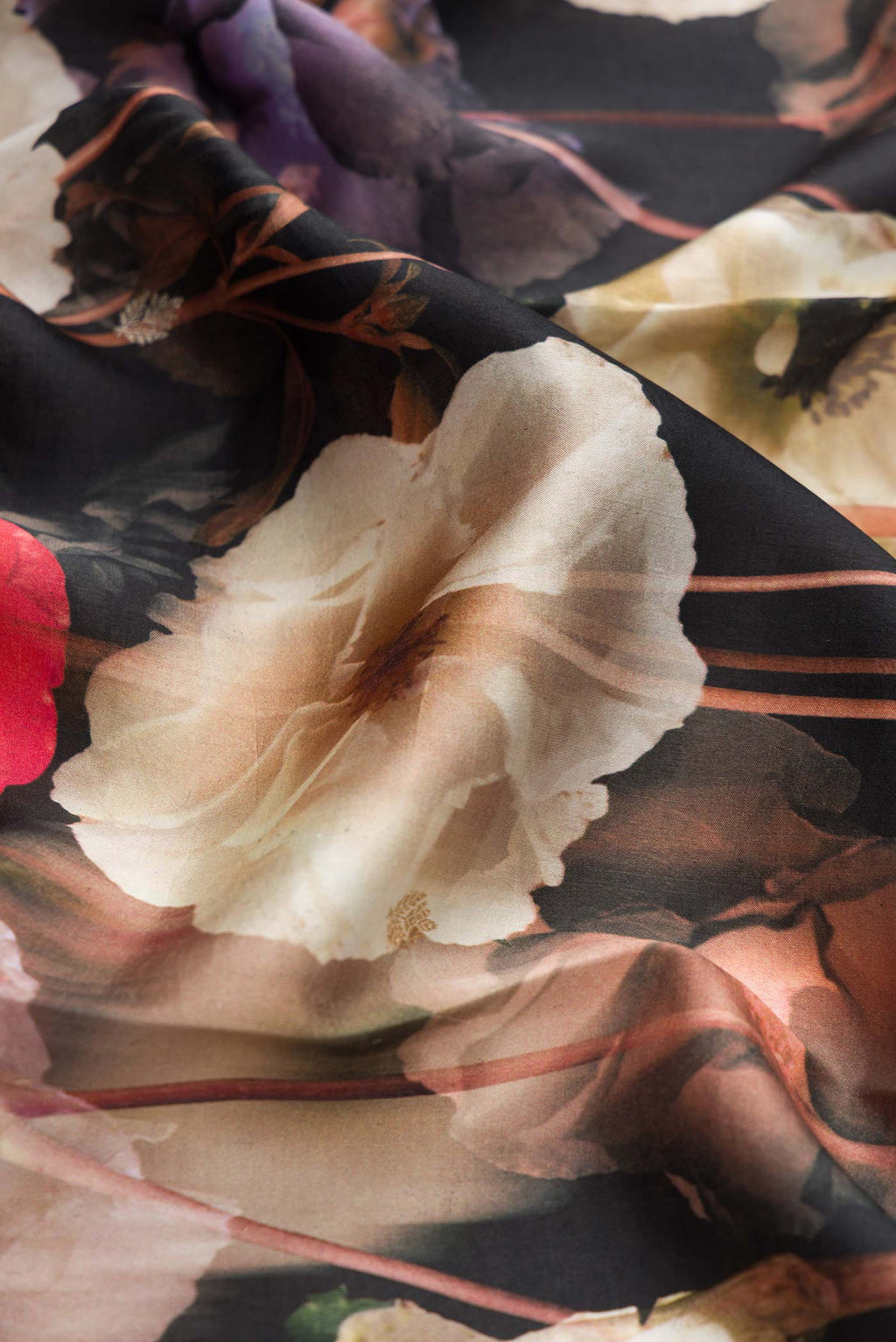 Close up of Black Dual Tone Kanchipuram Silk Saree with Printed design on the body and Fancy Border displaying folds