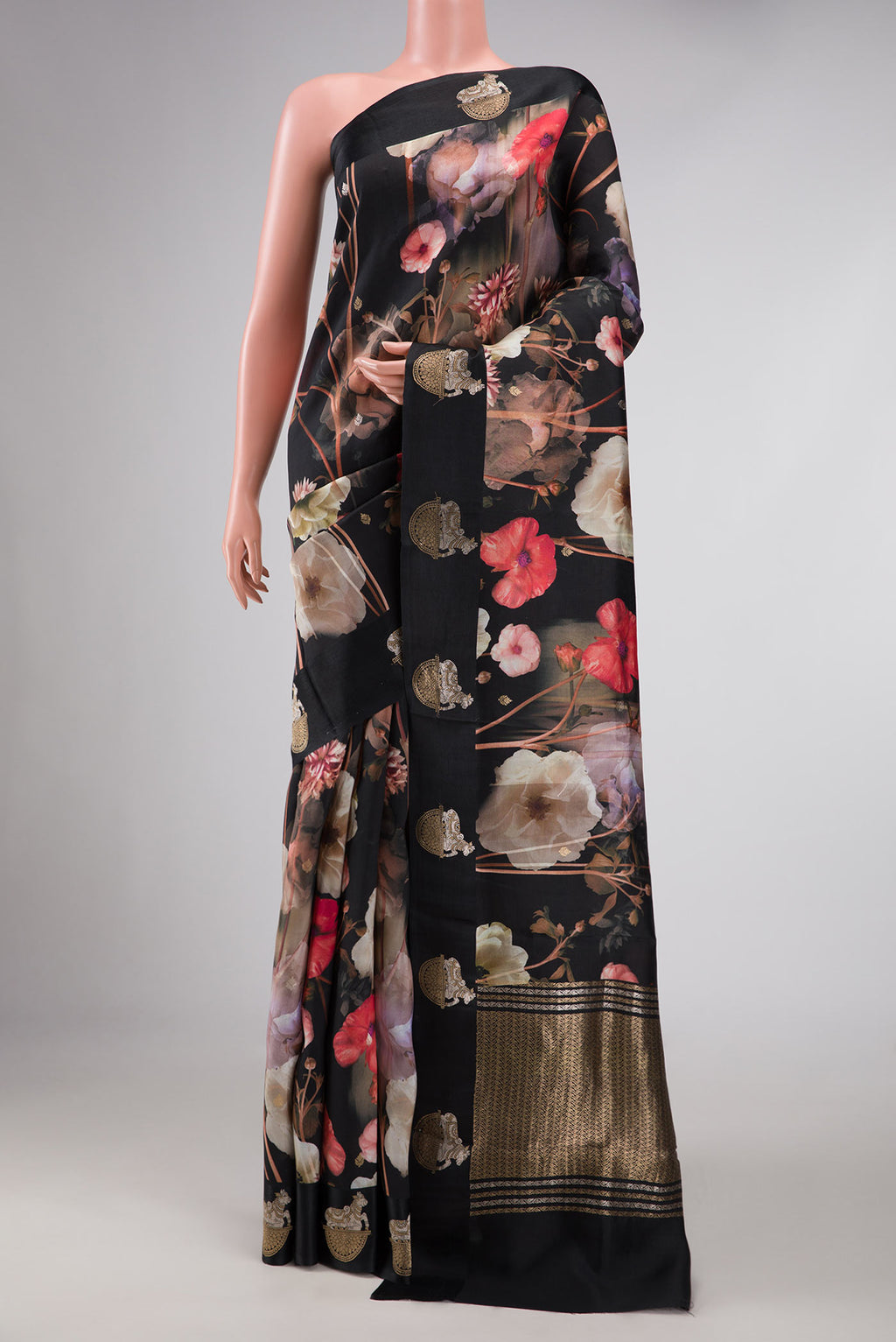 Black Dual Tone Kanchipuram Silk Saree with Printed design on the body and Fancy Border displayed on a mannequin