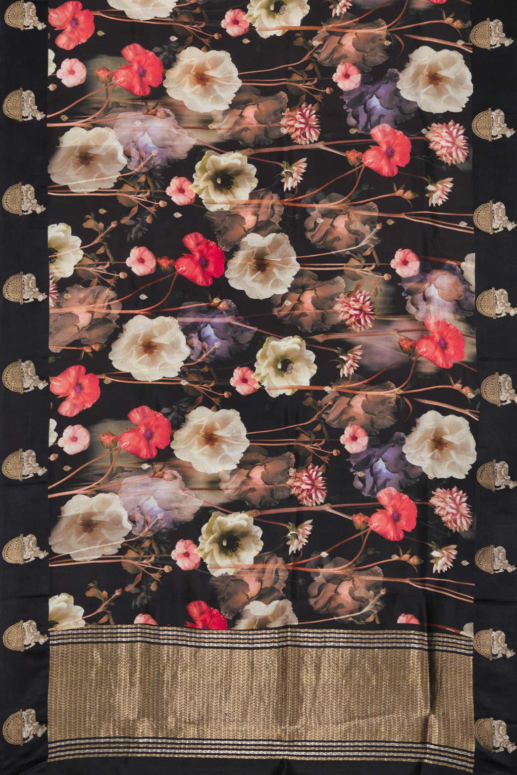 Flat view of Black Dual Tone Kanchipuram Silk Saree with Printed design on the body and Fancy Border