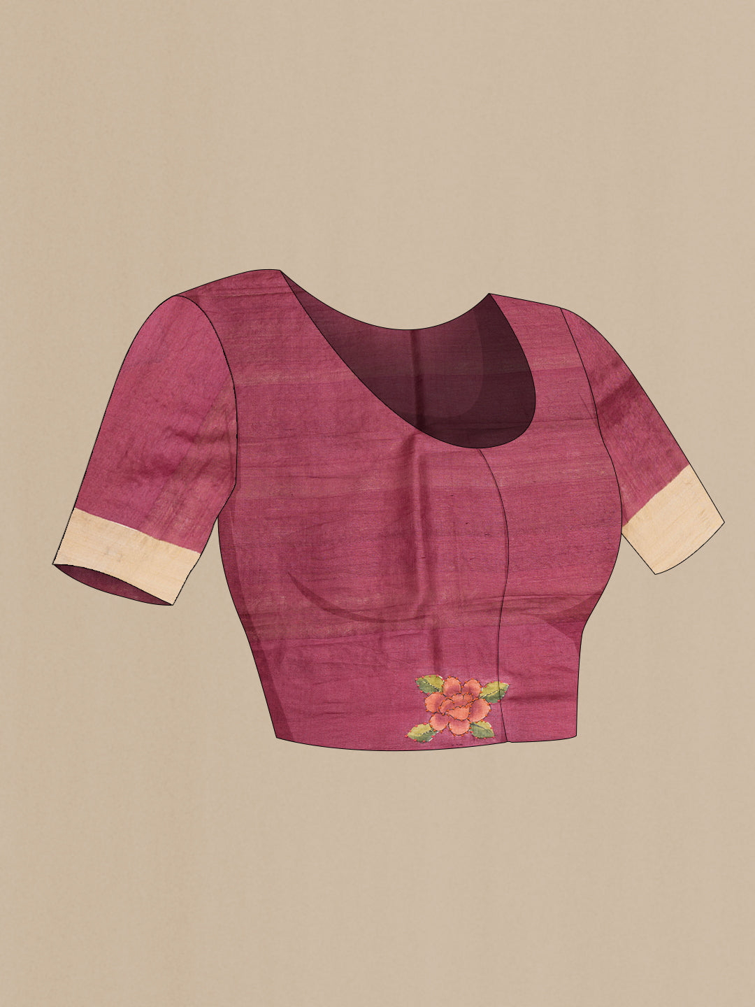 Close up image of the blouse of Beige Dual Tone Tussar Silk Saree with Embroidery on the body and Zari Border. 