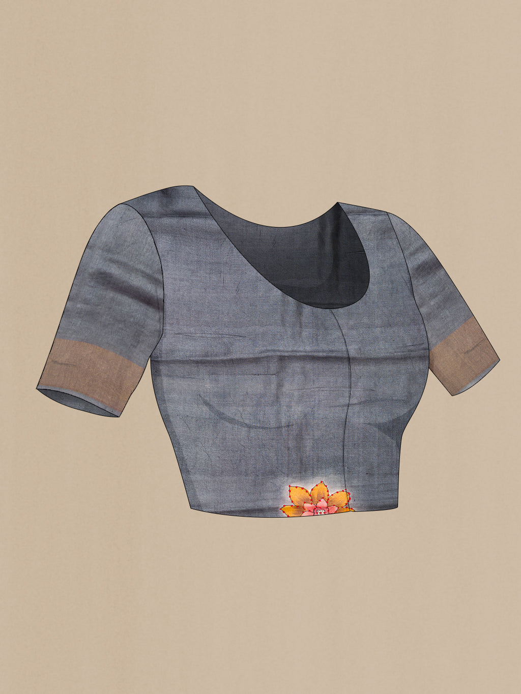 Close up image of the blouse of Sandal Tussar Silk Saree with Plain Body and Fancy Border. 
