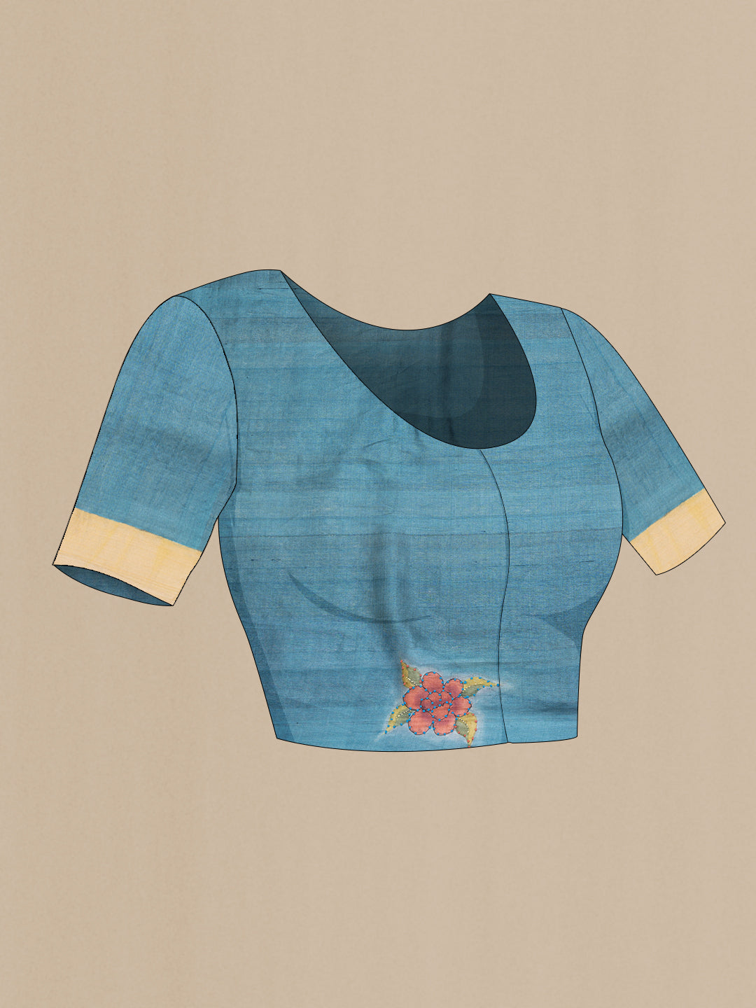 Close up image of the blouse of Mustard Dual Tone Tussar Silk Saree with Embroidery on the body and Zari Border. 