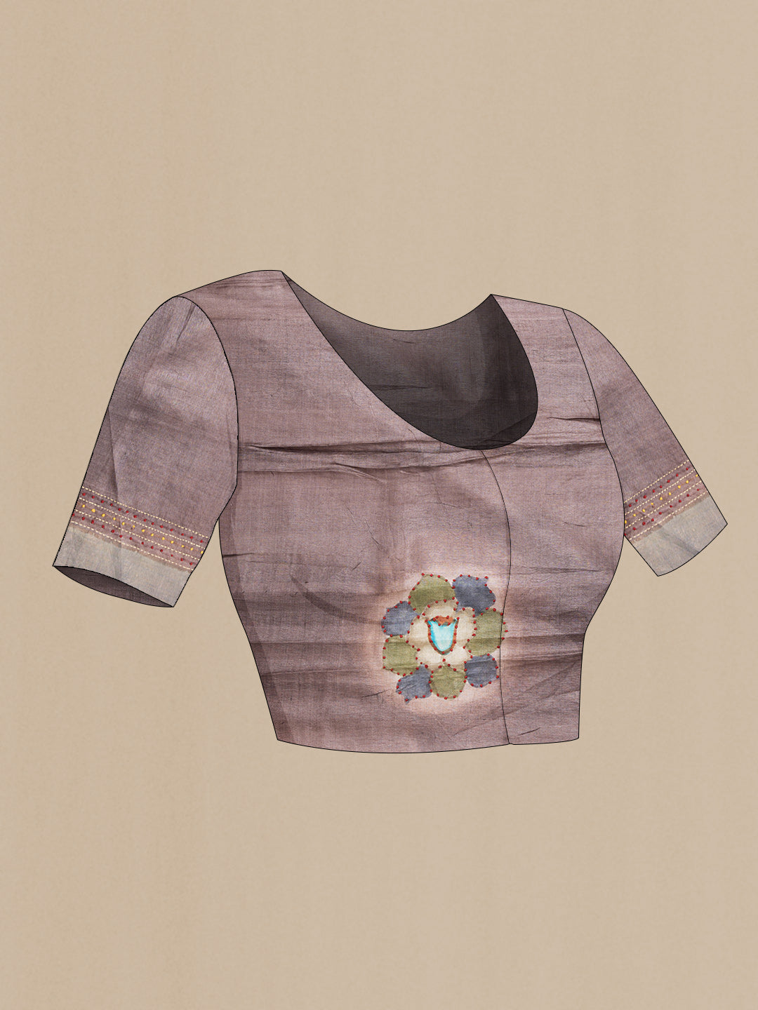 Close up image of the blouse of Grey Dual Tone Tussar Silk Saree with Embroidery on the body and Zari Border. 