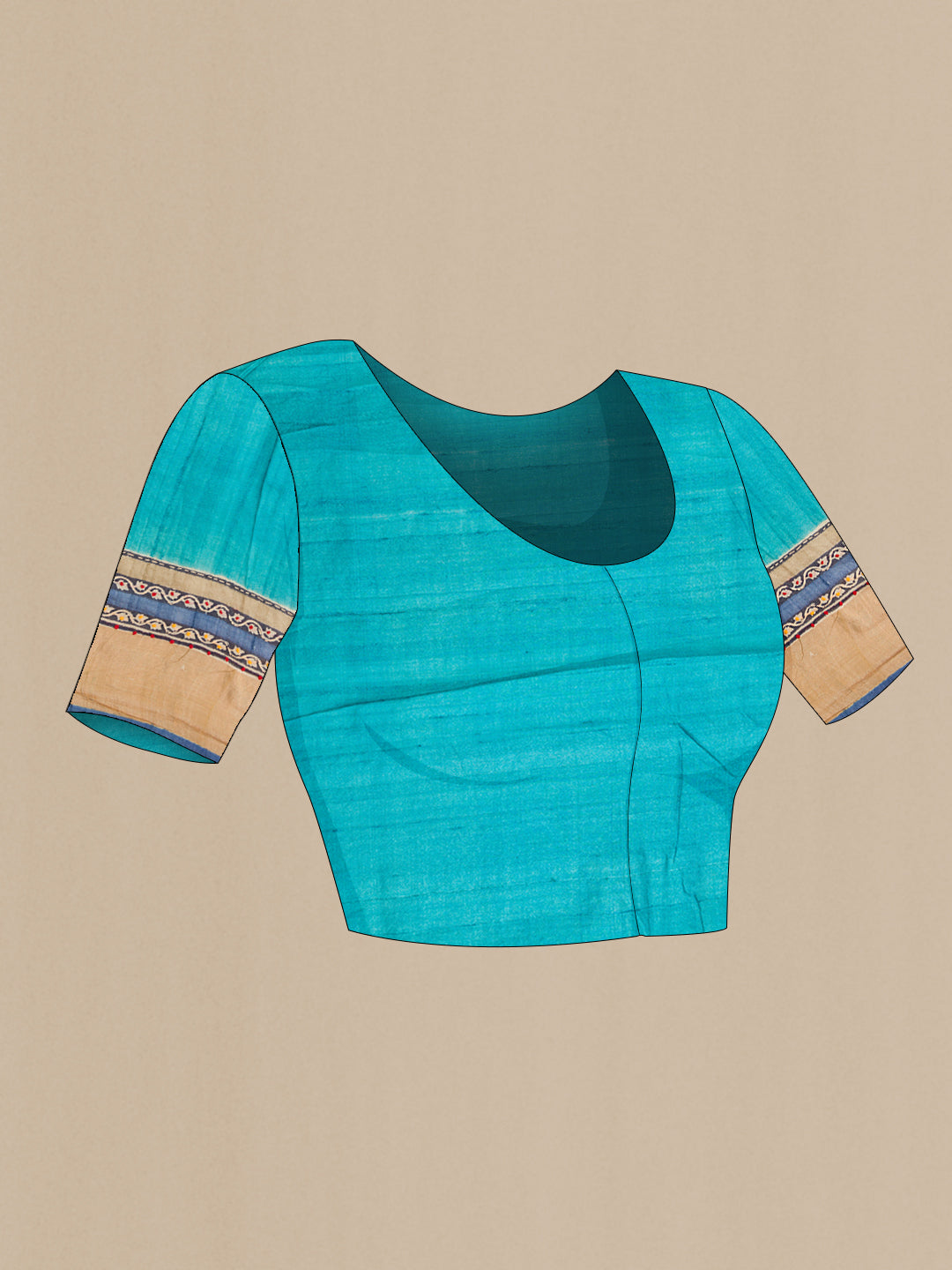 Close up image of the blouse of Blue and Beige Color Tussar Saree with Printed design on the body and Embroidery Border. 