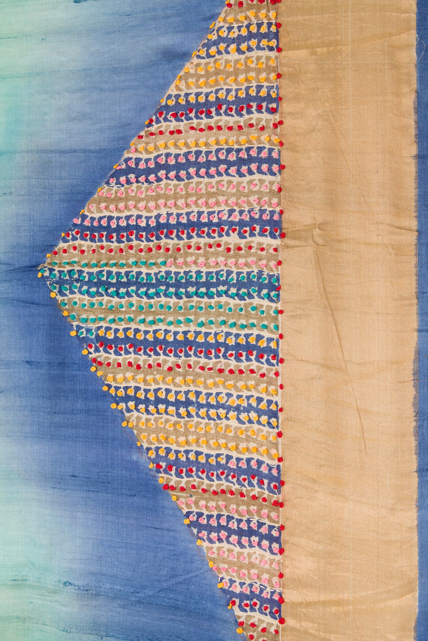 Border image of Blue and Beige Color Tussar Saree with Printed design on the body and Embroidery Border. 