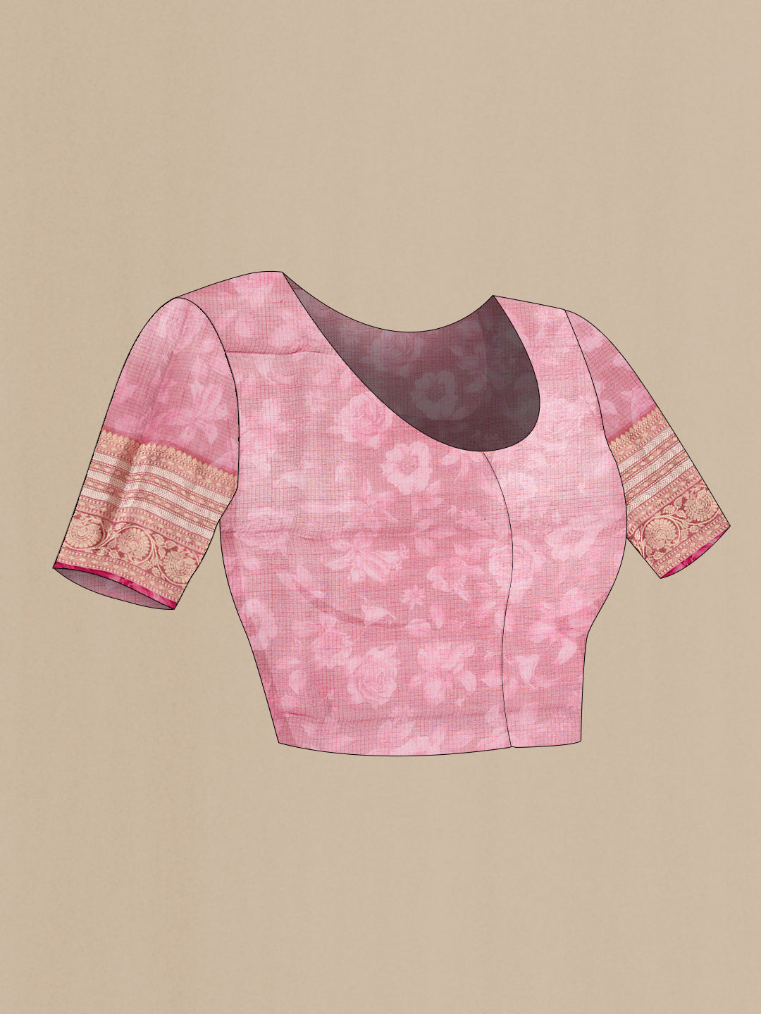 Close up image of the blouse of Maroon Dual Tone Tussar Silk Saree with Printed design on the body and Zari Border. 
