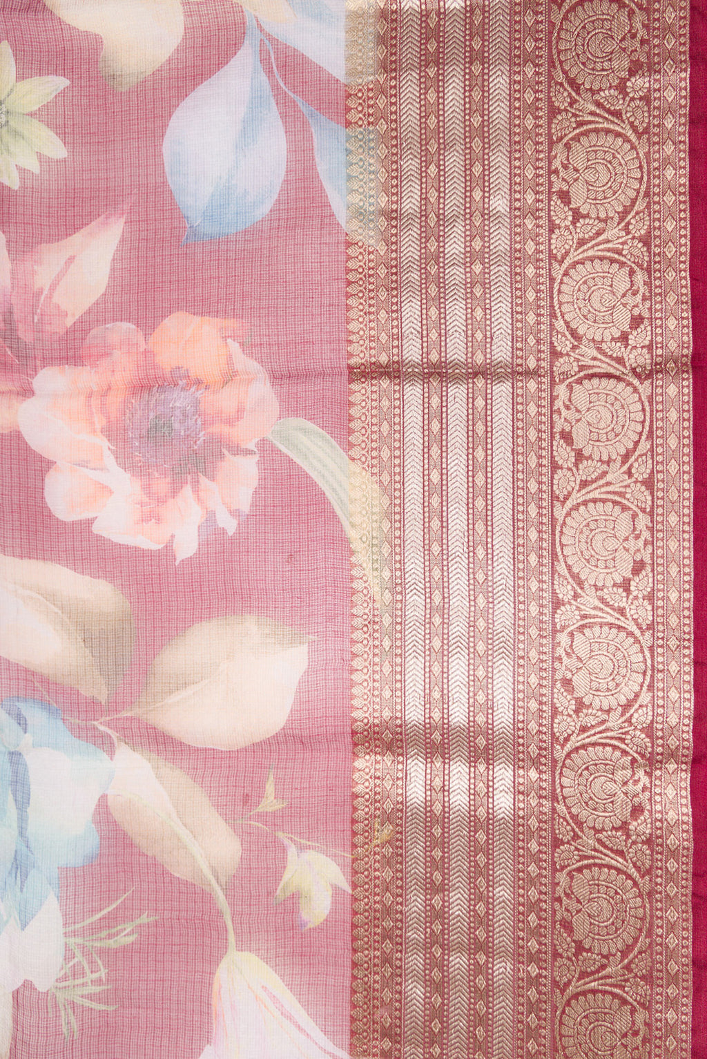 Border image of Maroon Dual Tone Tussar Silk Saree with Printed design on the body and Zari Border. 